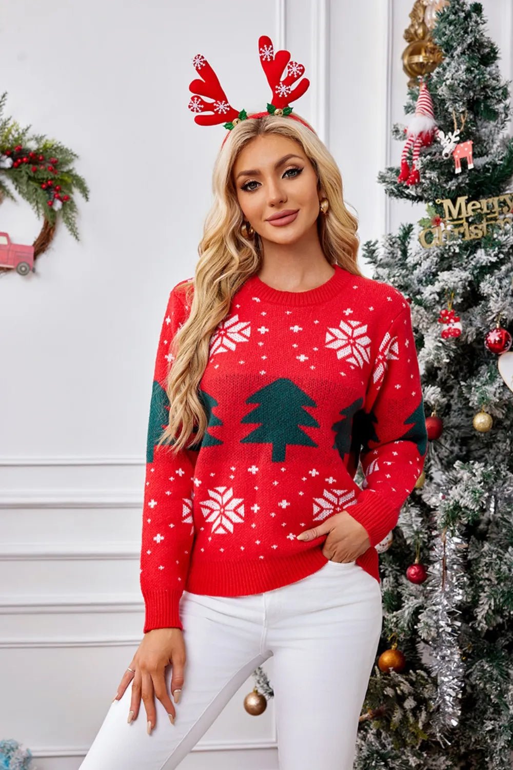 Christmas Tree Round Neck Long Sleeve Sweater designed for comfort and style at Lookzlike