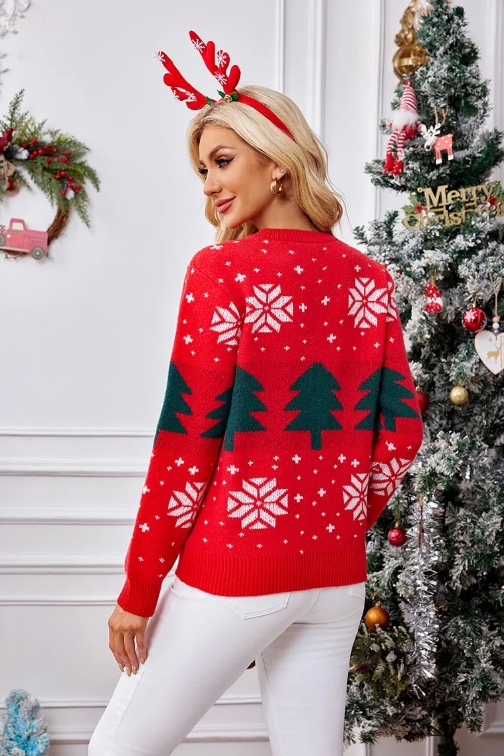 Christmas Tree Round Neck Long Sleeve Sweater designed for comfort and style at Lookzlike