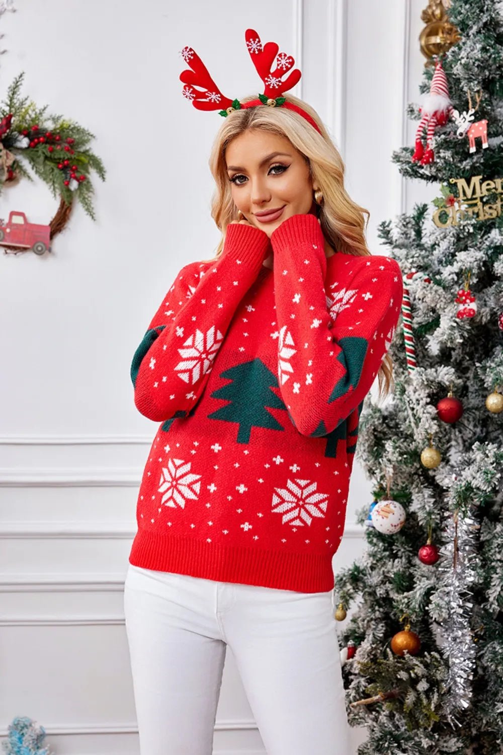 Christmas Tree Round Neck Long Sleeve Sweater designed for comfort and style at Lookzlike