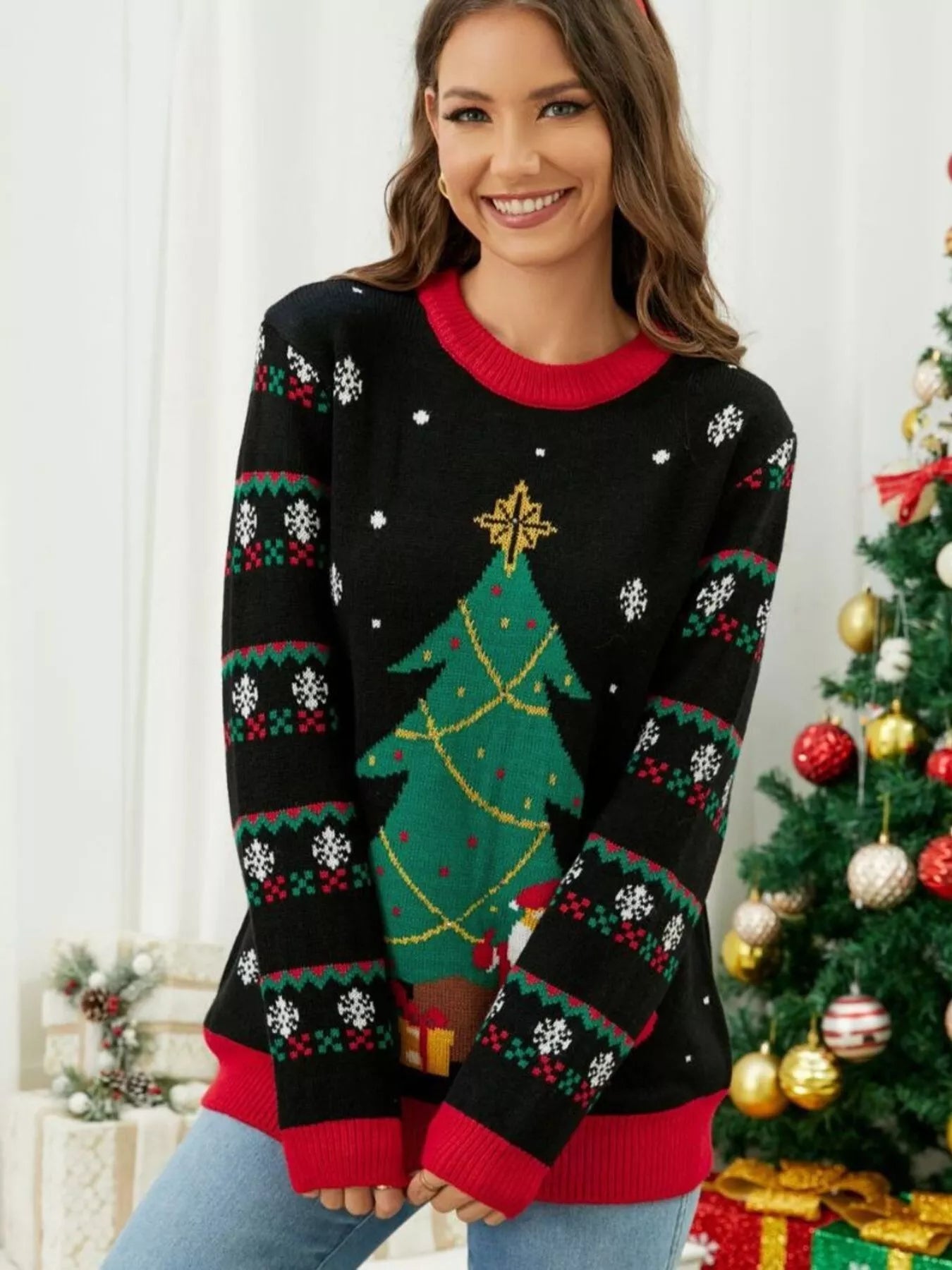 Christmas Tree Santa Round Neck Sweater designed for comfort and style at Lookzlike