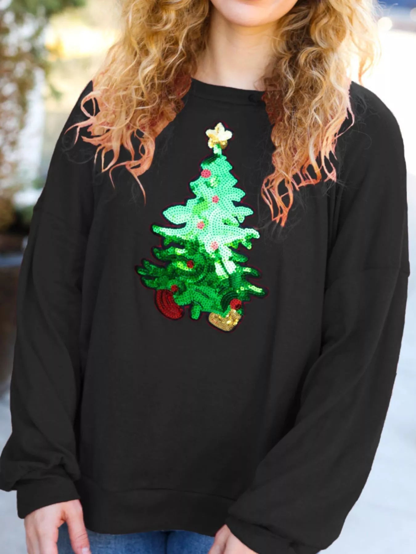 Christmas Tree Sequin Long Sleeve Sweatshirt designed for comfort and style at Lookzlike