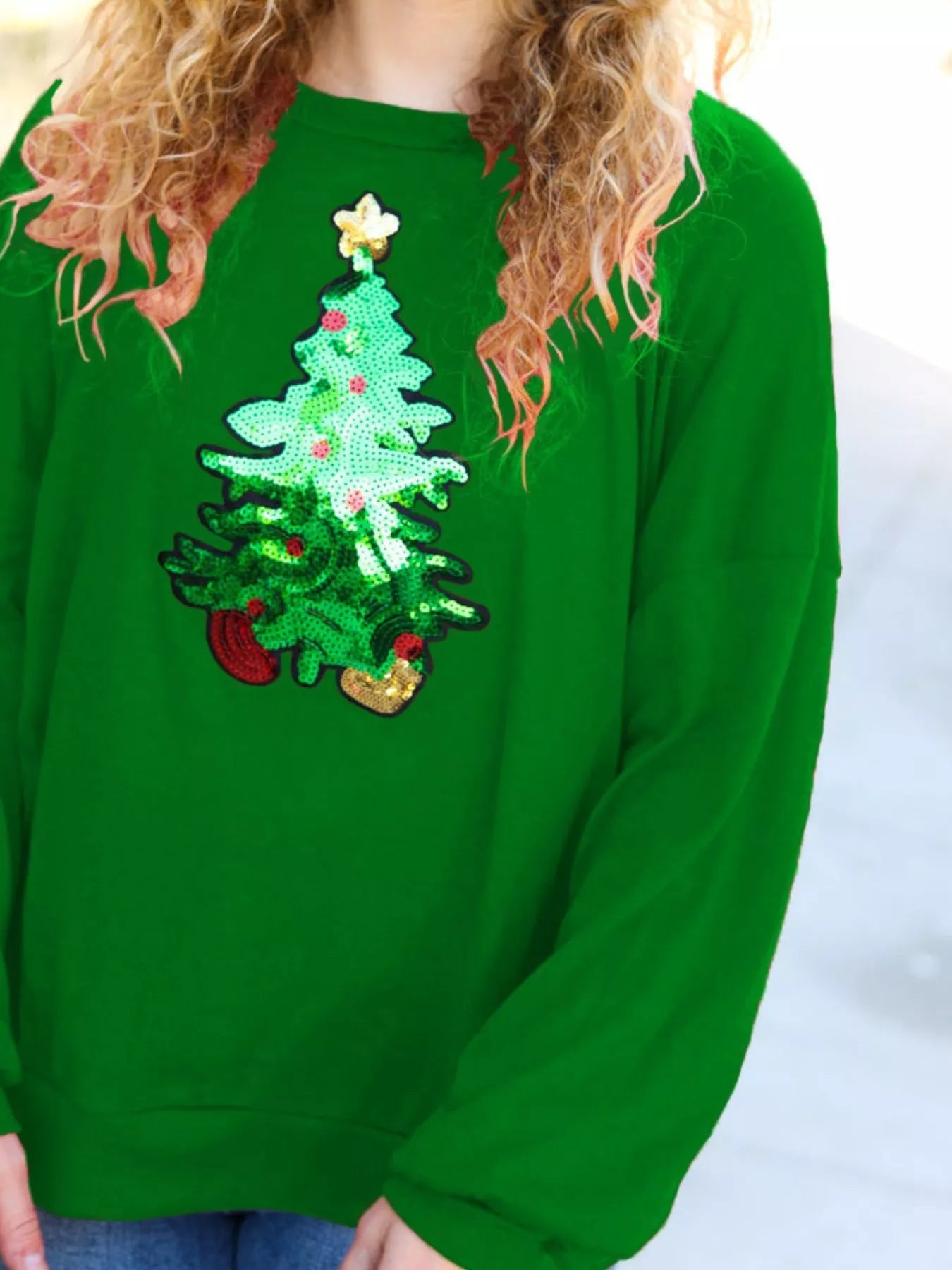 Christmas Tree Sequin Long Sleeve Sweatshirt designed for comfort and style at Lookzlike