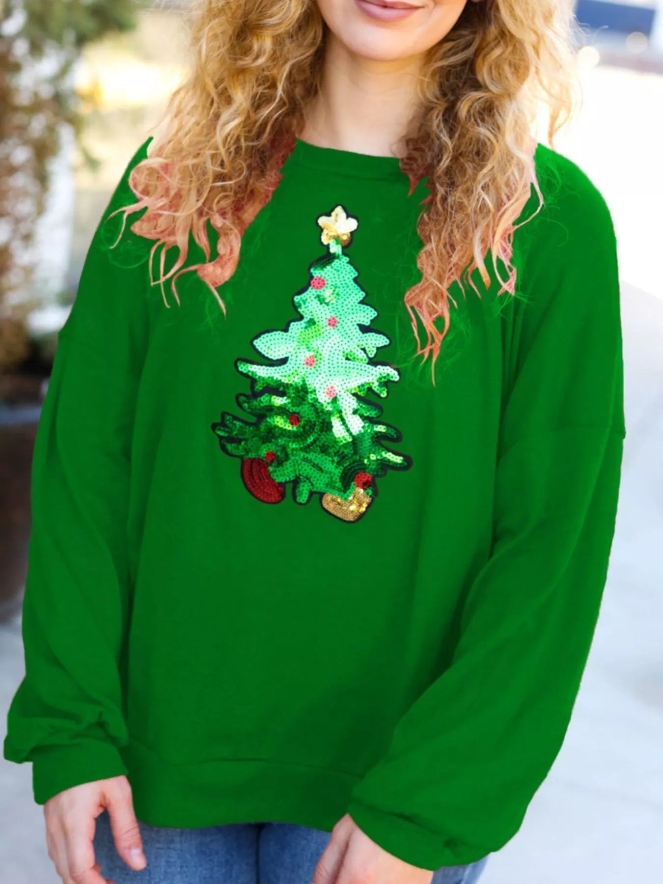 Christmas Tree Sequin Long Sleeve Sweatshirt designed for comfort and style at Lookzlike