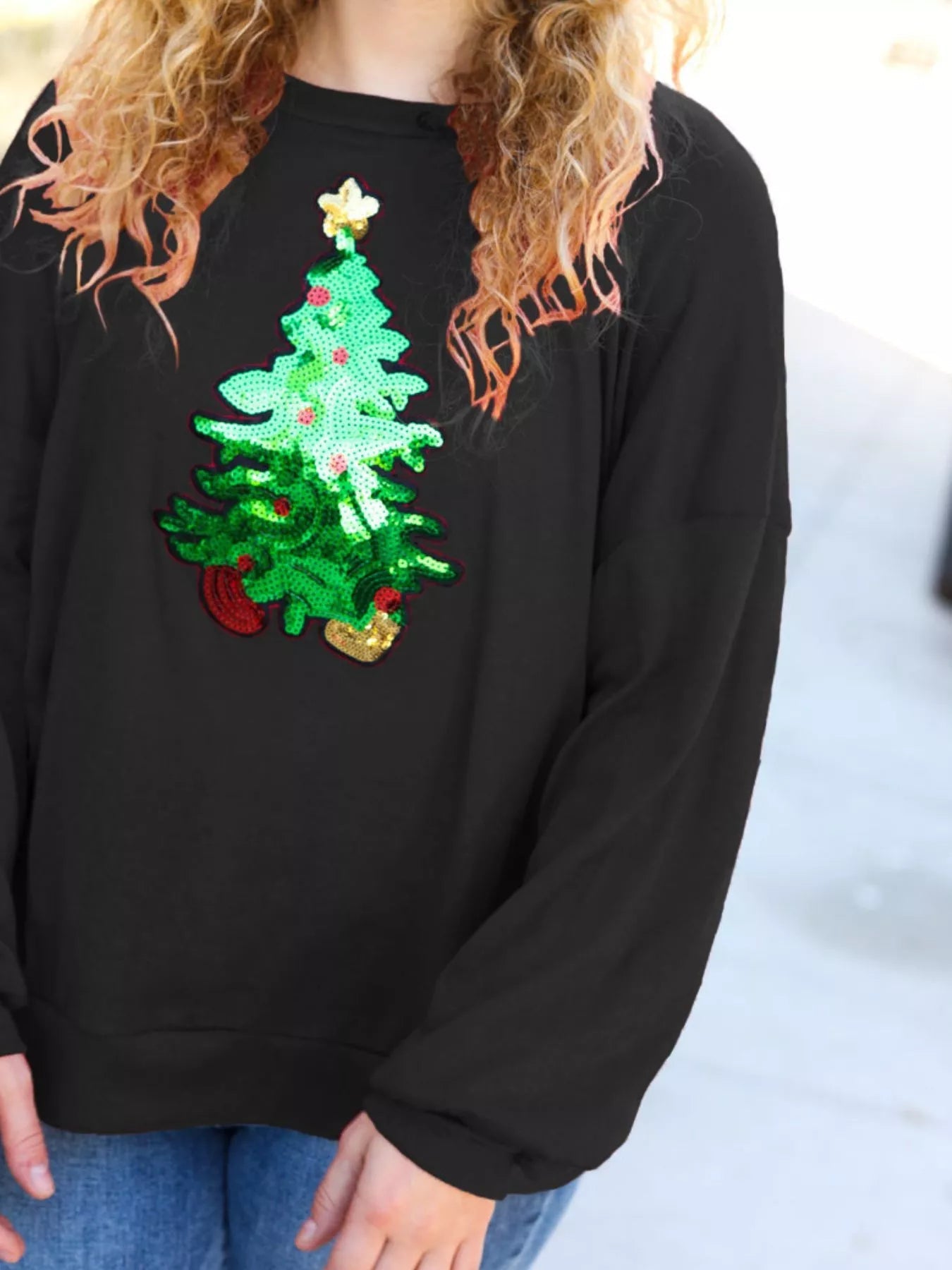 Christmas Tree Sequin Long Sleeve Sweatshirt designed for comfort and style at Lookzlike