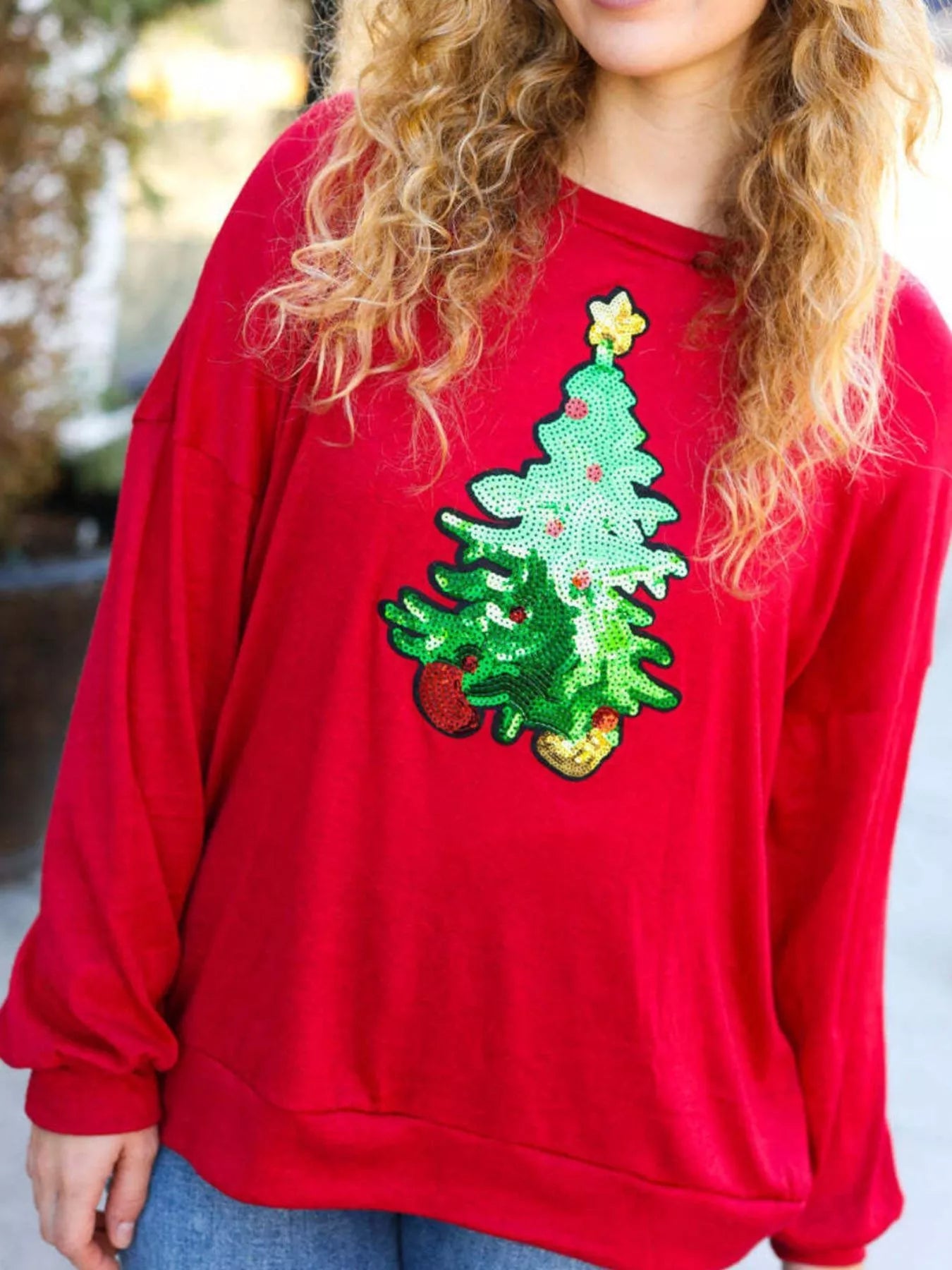 Christmas Tree Sequin Long Sleeve Sweatshirt designed for comfort and style at Lookzlike