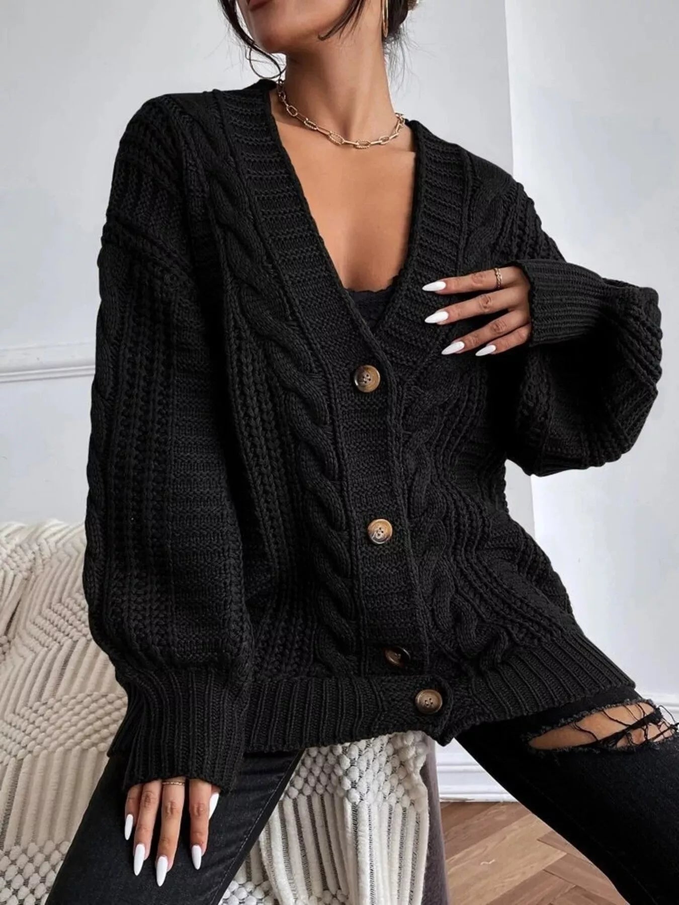 Chunky Knit Cable Knit Button - Up Cardigan designed for comfort and style at Lookzlike