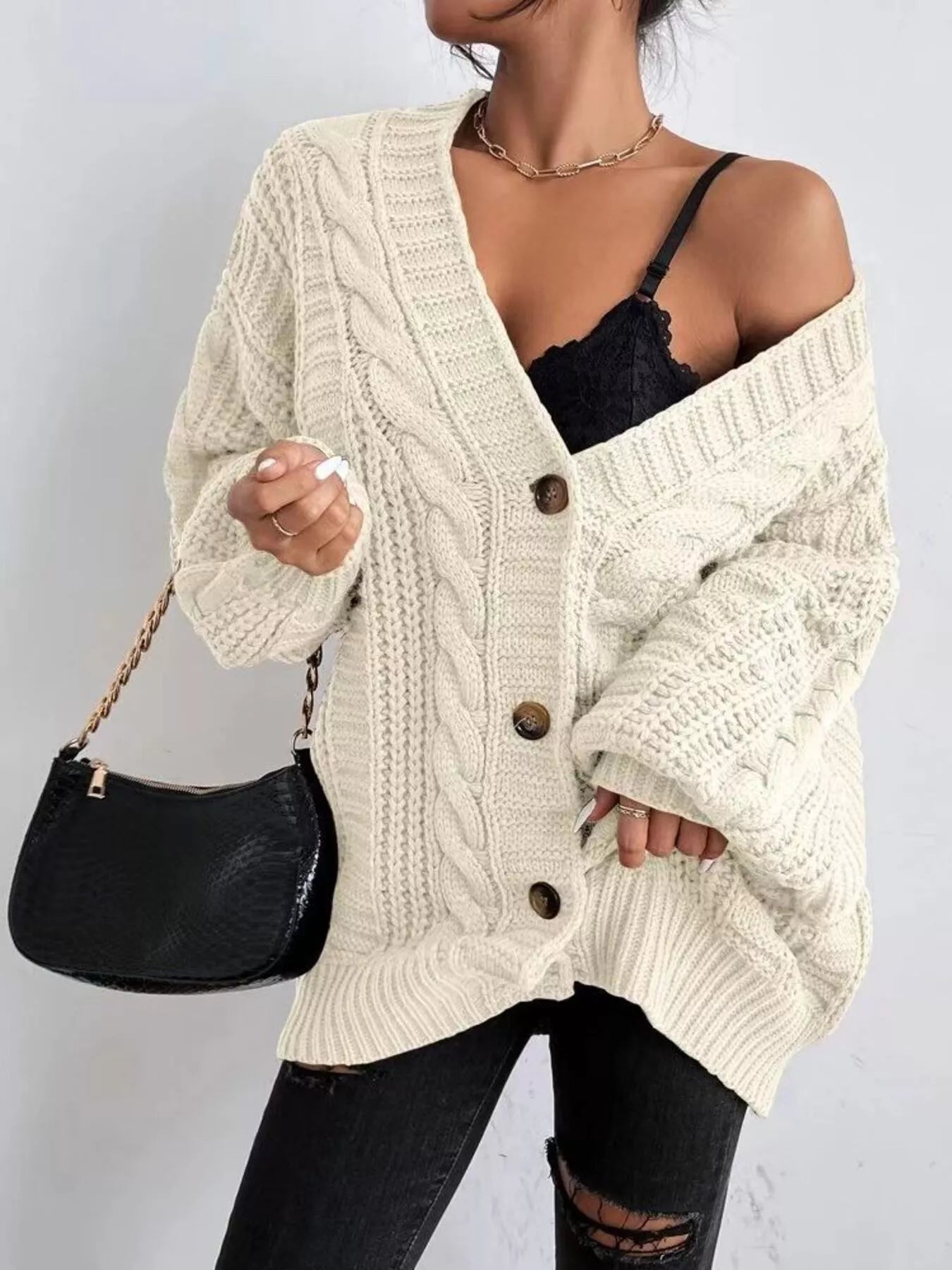 Chunky Knit Cable Knit Button - Up Cardigan designed for comfort and style at Lookzlike