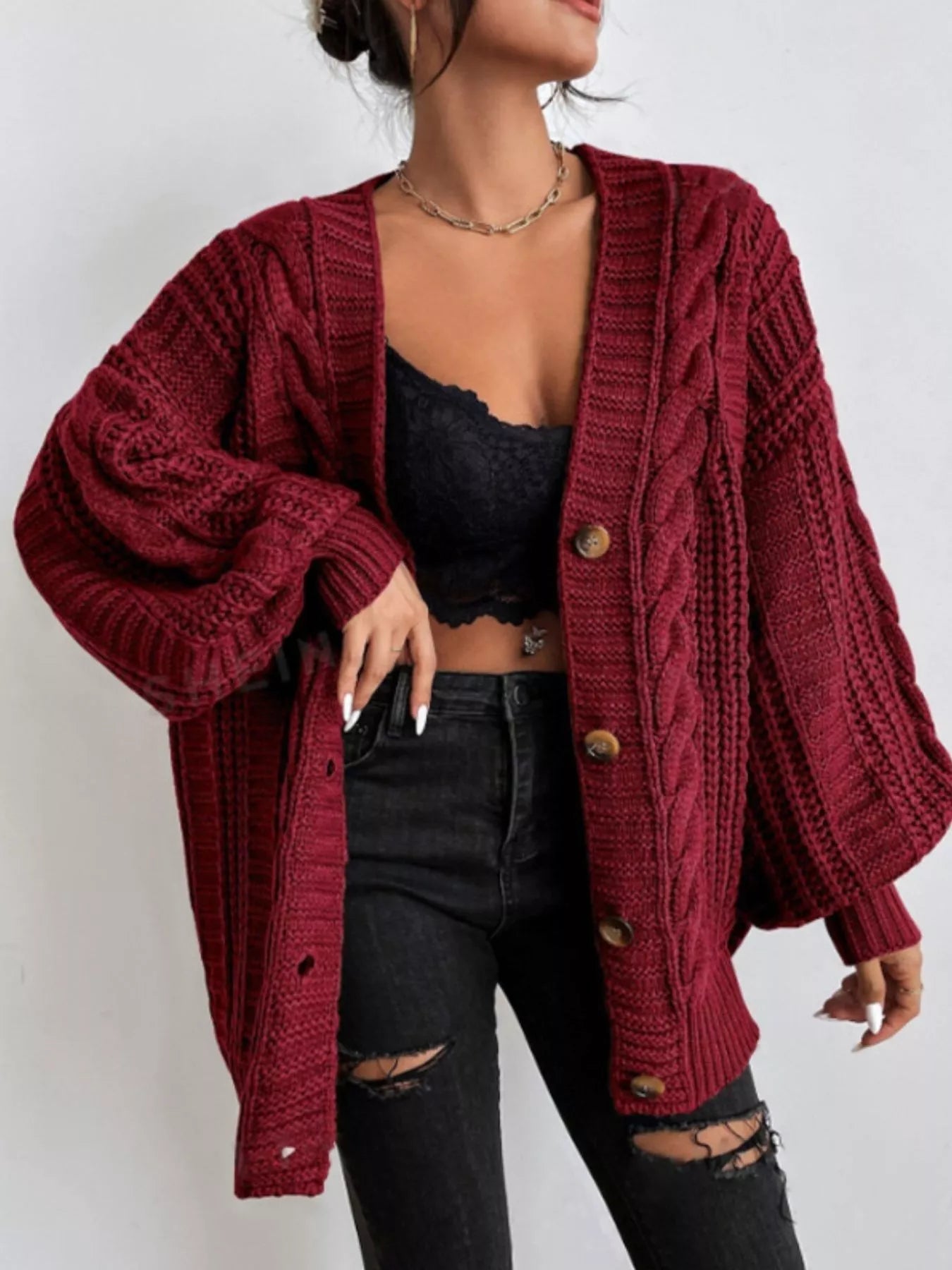 Chunky Knit Cable Knit Button - Up Cardigan designed for comfort and style at Lookzlike