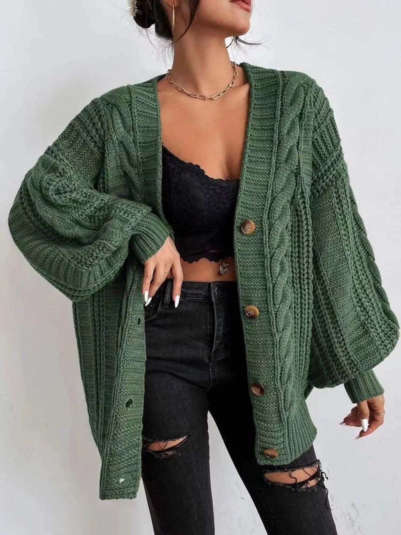 Chunky Knit Cable Knit Button - Up Cardigan designed for comfort and style at Lookzlike