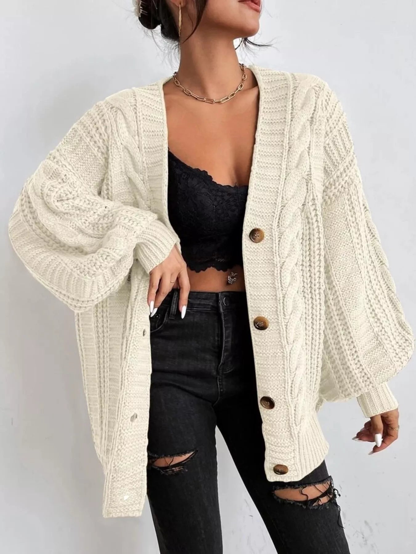 Chunky Knit Cable Knit Button - Up Cardigan designed for comfort and style at Lookzlike