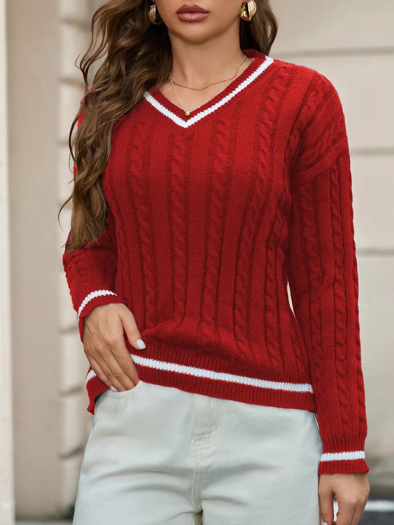 Classic Cable Knit V - Neck Sweater designed for comfort and style at Lookzlike