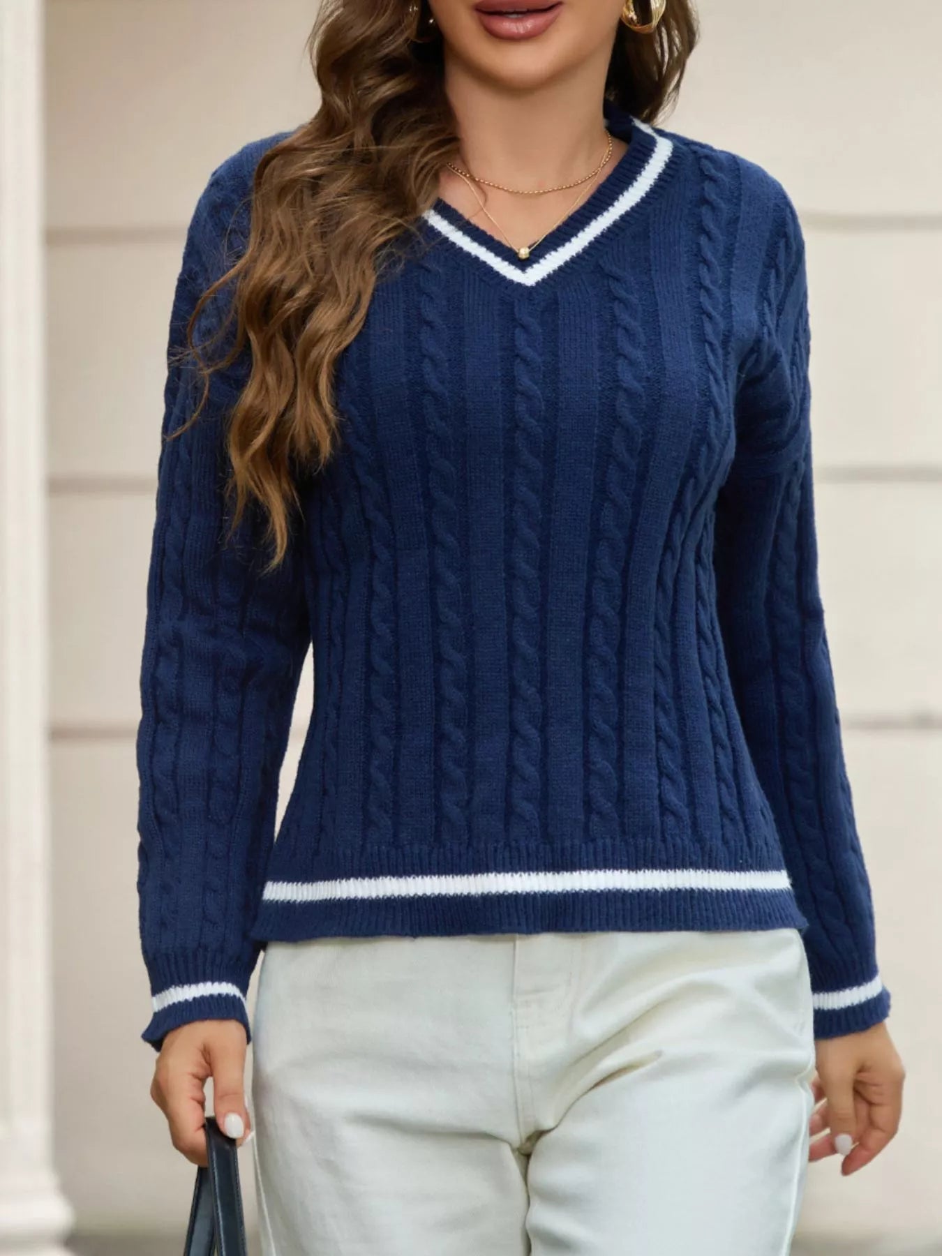 Classic Cable Knit V - Neck Sweater designed for comfort and style at Lookzlike