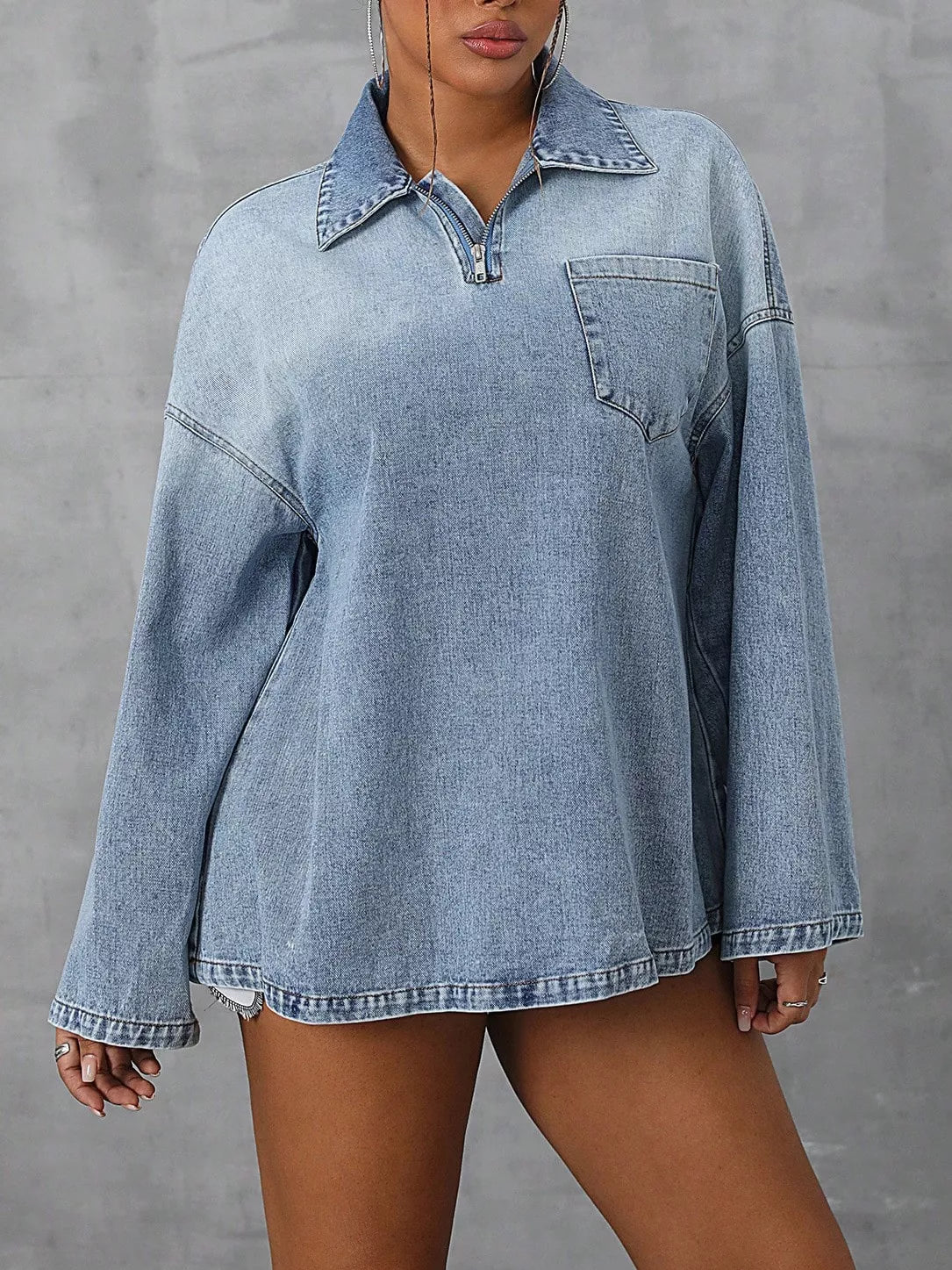 Collared Neck Drop Shoulder Denim Top designed for comfort and style at Lookzlike