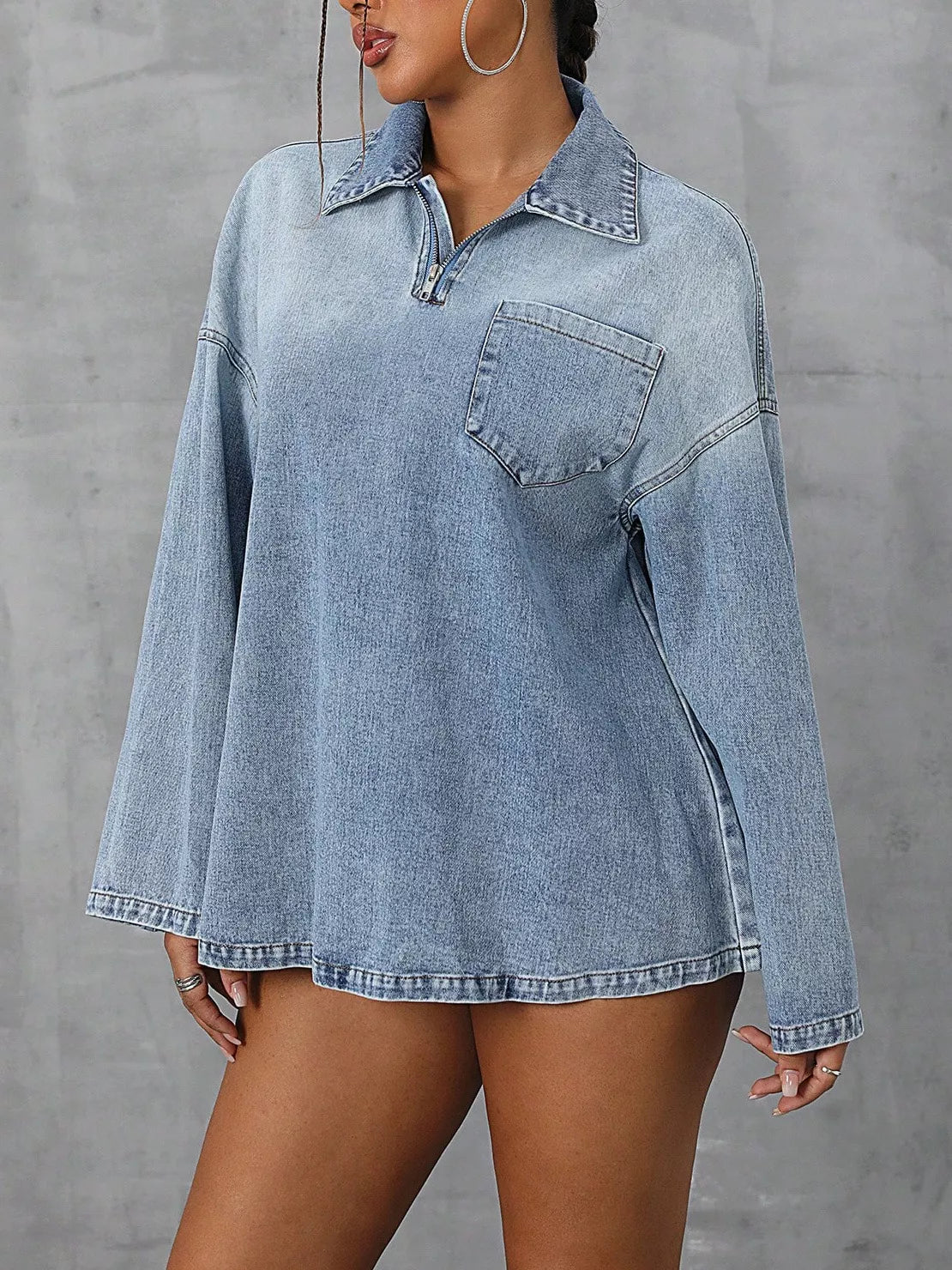 Collared Neck Drop Shoulder Denim Top designed for comfort and style at Lookzlike