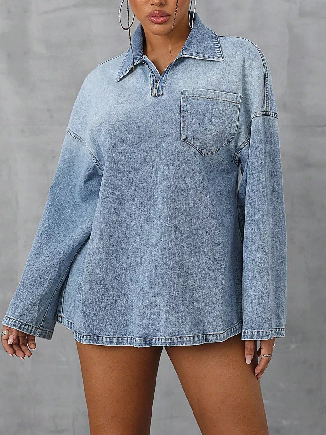 Collared Neck Drop Shoulder Denim Top designed for comfort and style at Lookzlike