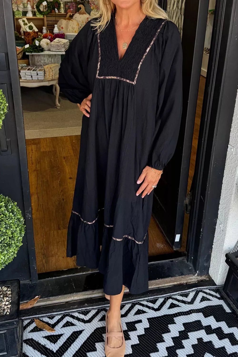 Collared V Neck Smocked Detail Contrast Leopard Trim Dress designed for comfort and style at Lookzlike