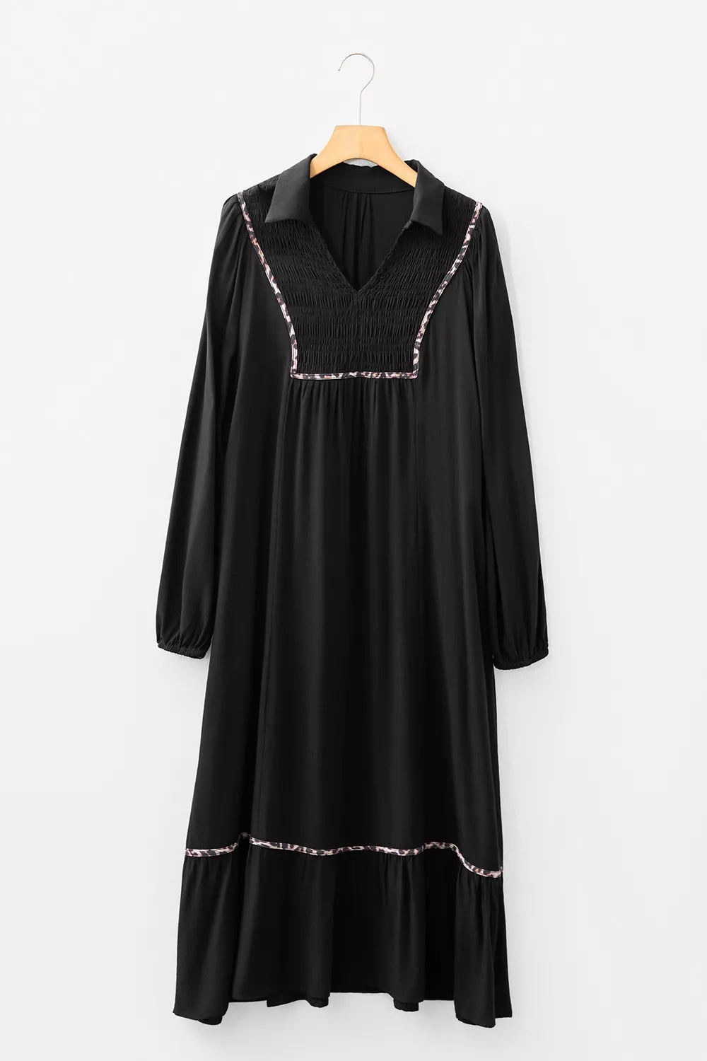 Collared V Neck Smocked Detail Contrast Leopard Trim Dress designed for comfort and style at Lookzlike