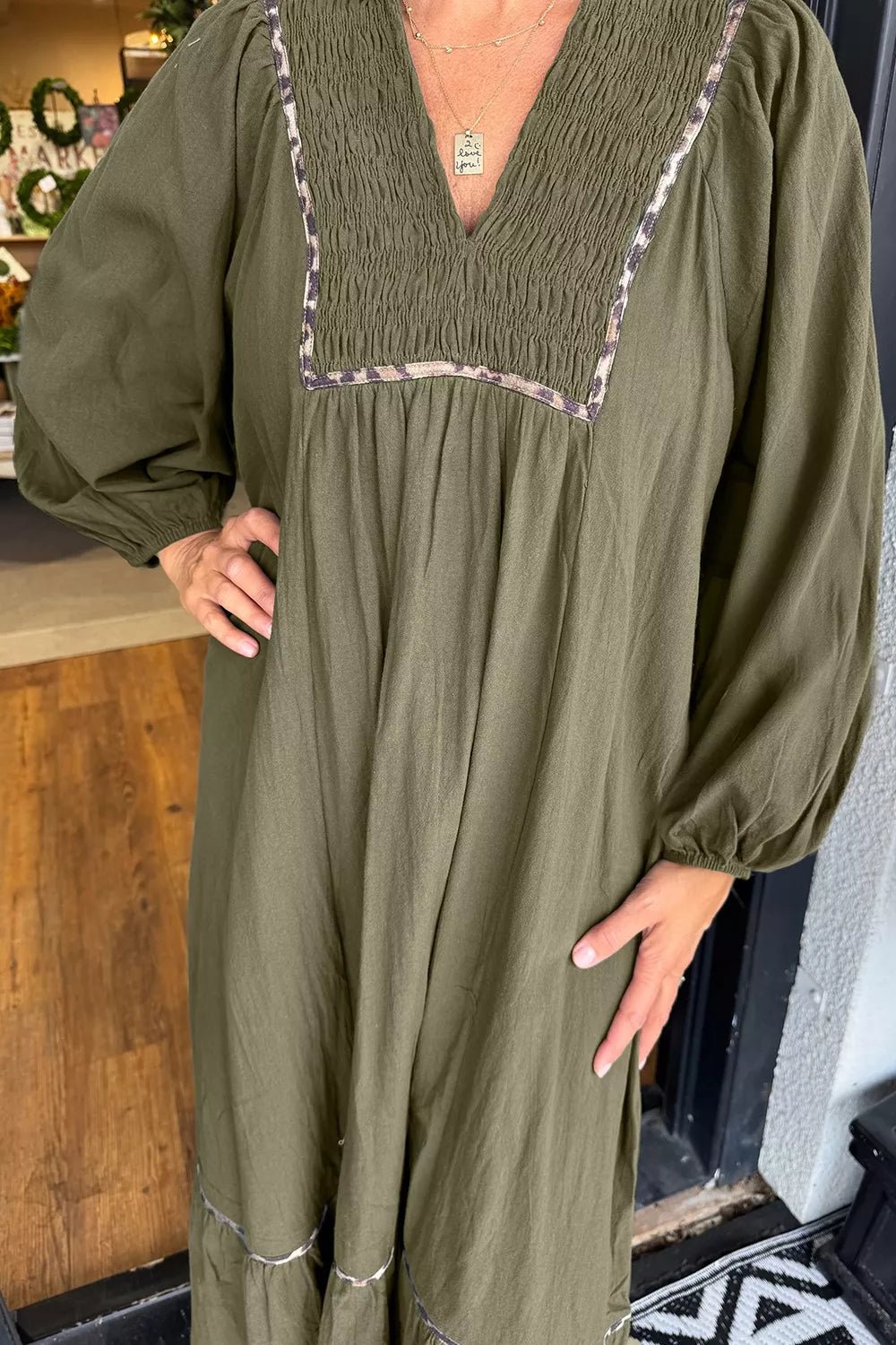 Collared V Neck Smocked Detail Contrast Leopard Trim Dress designed for comfort and style at Lookzlike