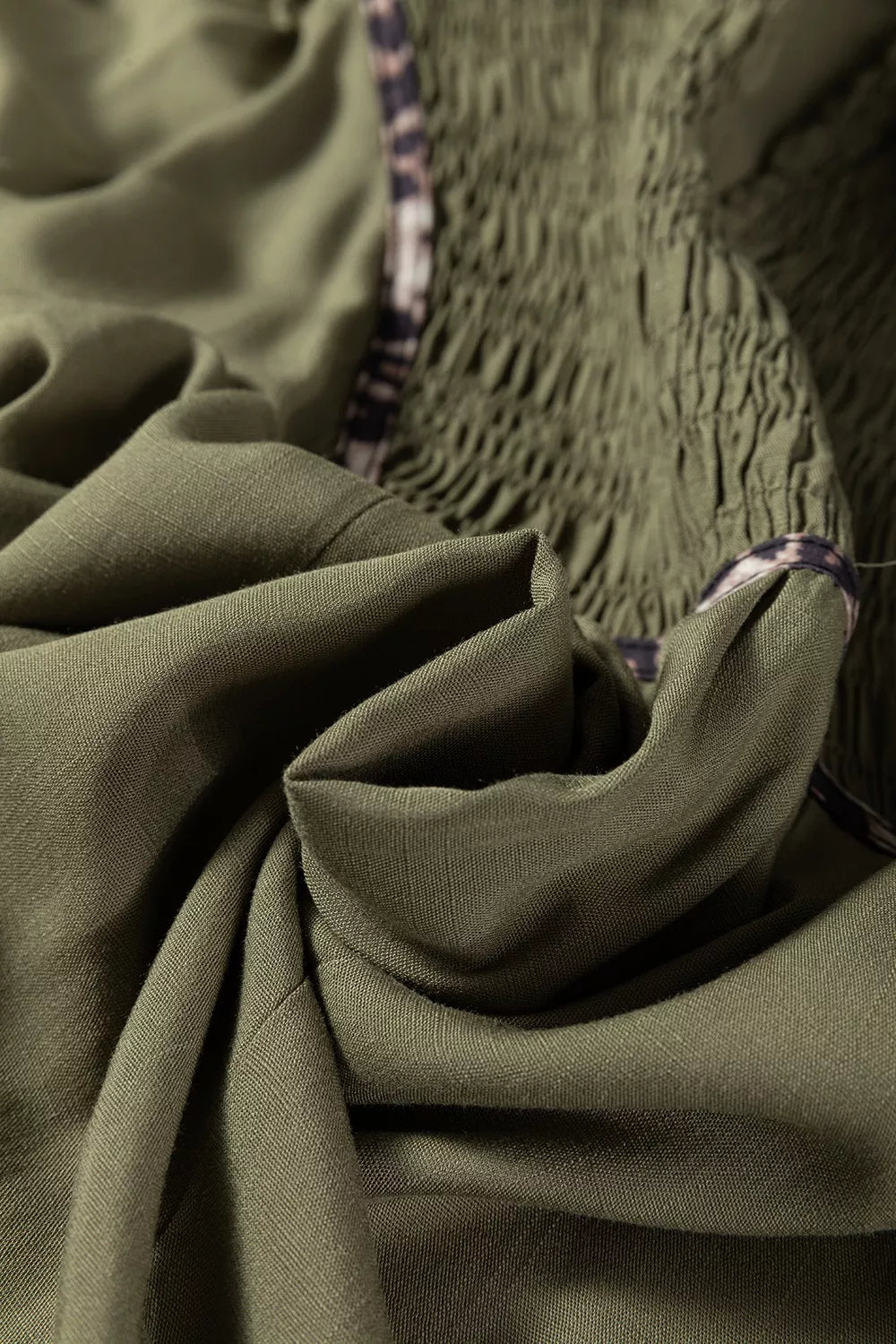 Collared V Neck Smocked Detail Contrast Leopard Trim Dress designed for comfort and style at Lookzlike