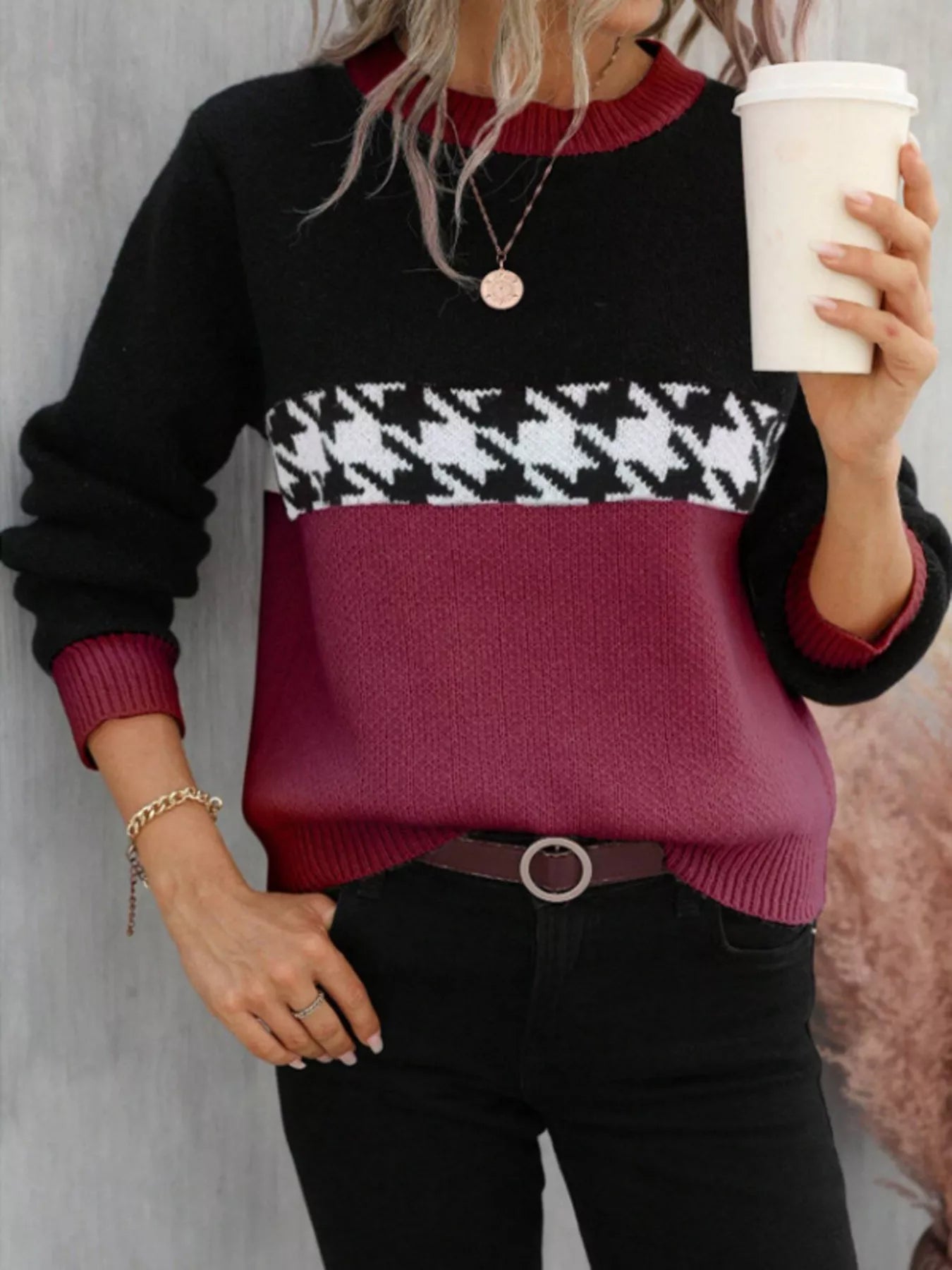Color Block Houndstooth Knit Sweater designed for comfort and style at Lookzlike