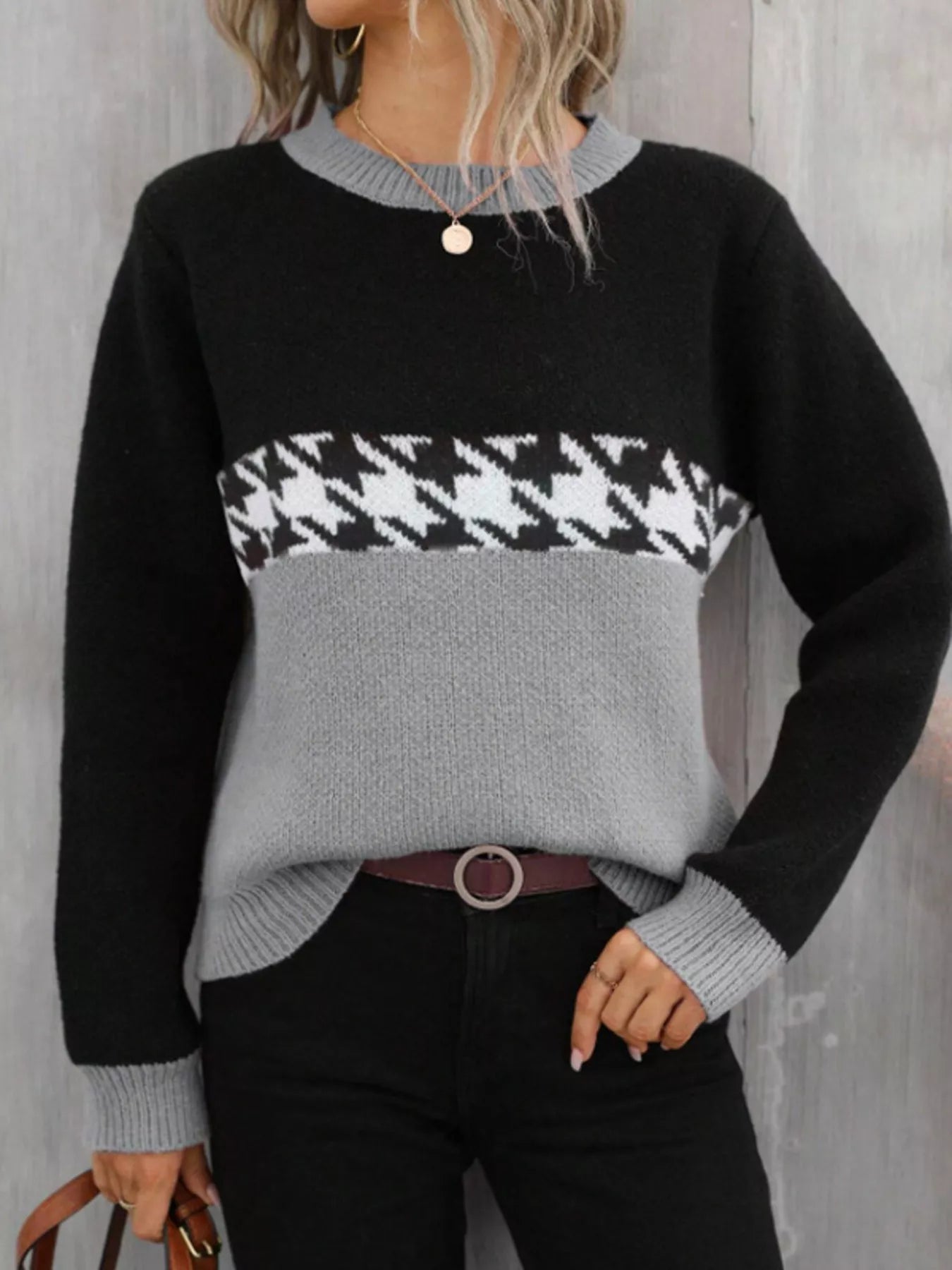 Color Block Houndstooth Knit Sweater designed for comfort and style at Lookzlike