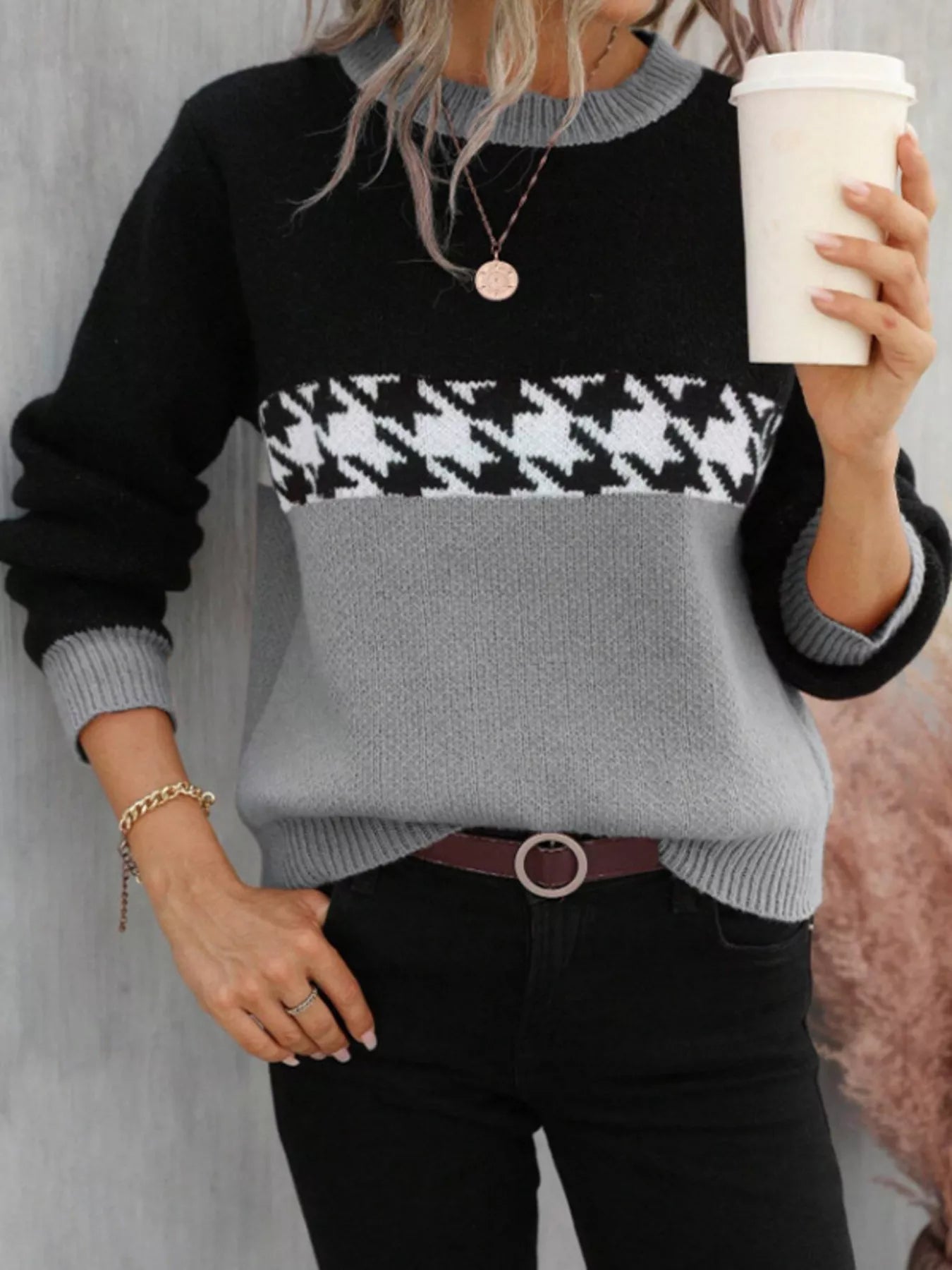 Color Block Houndstooth Knit Sweater designed for comfort and style at Lookzlike