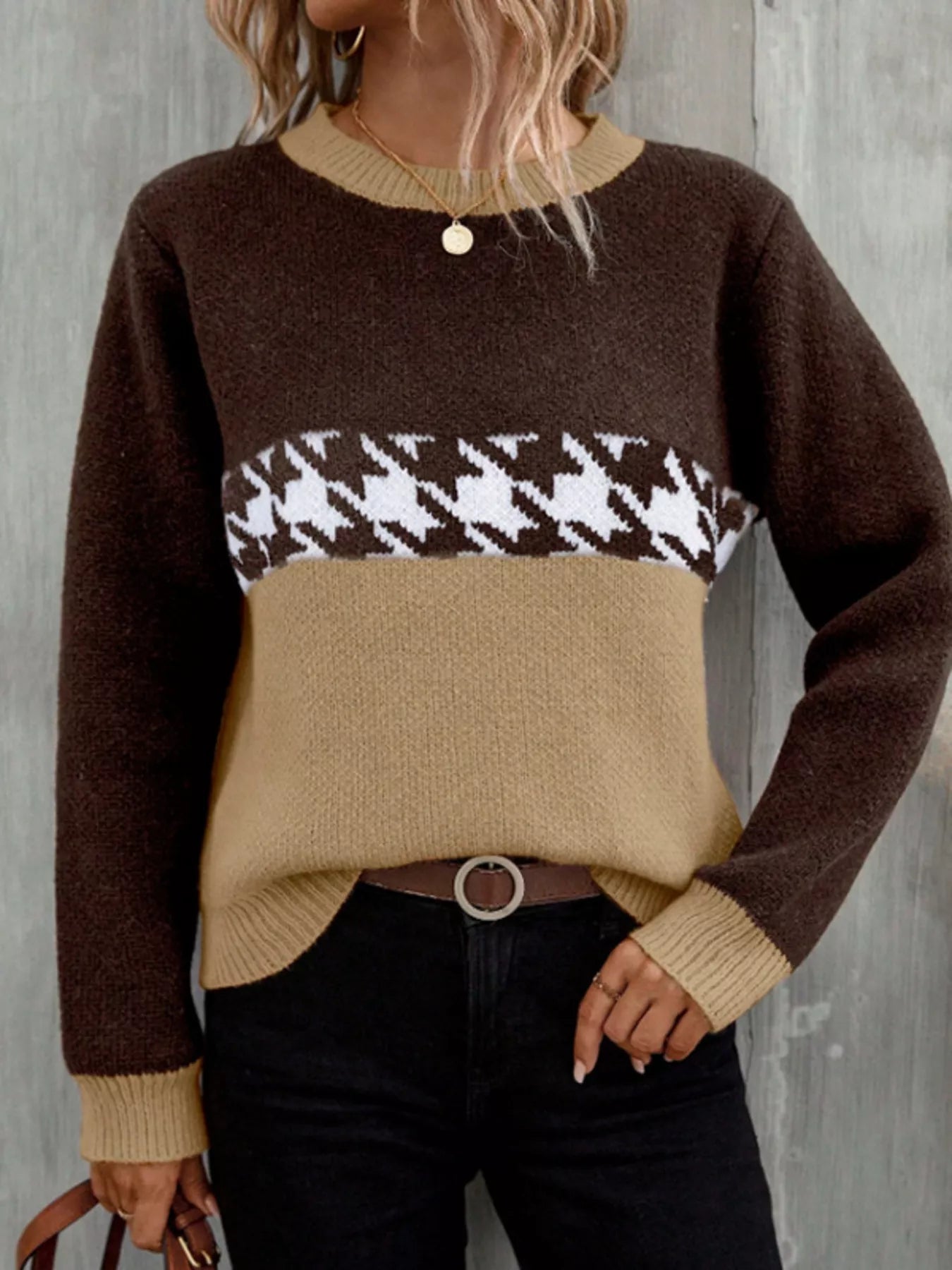 Color Block Houndstooth Knit Sweater designed for comfort and style at Lookzlike