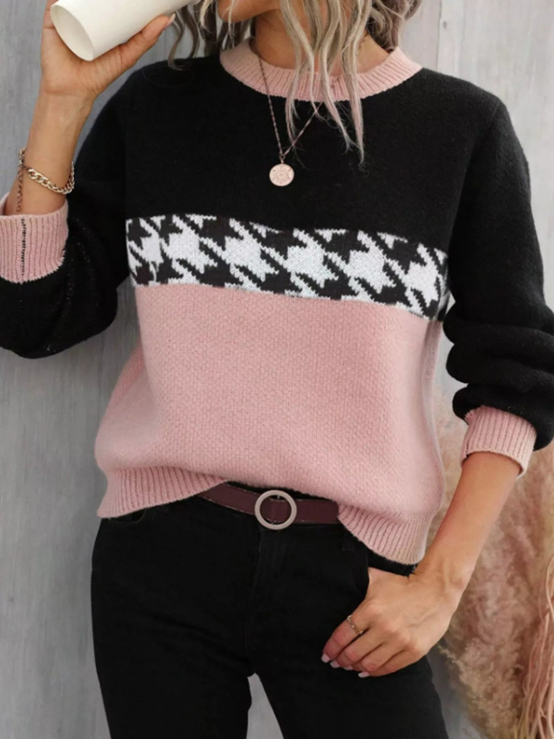 Color Block Houndstooth Knit Sweater designed for comfort and style at Lookzlike