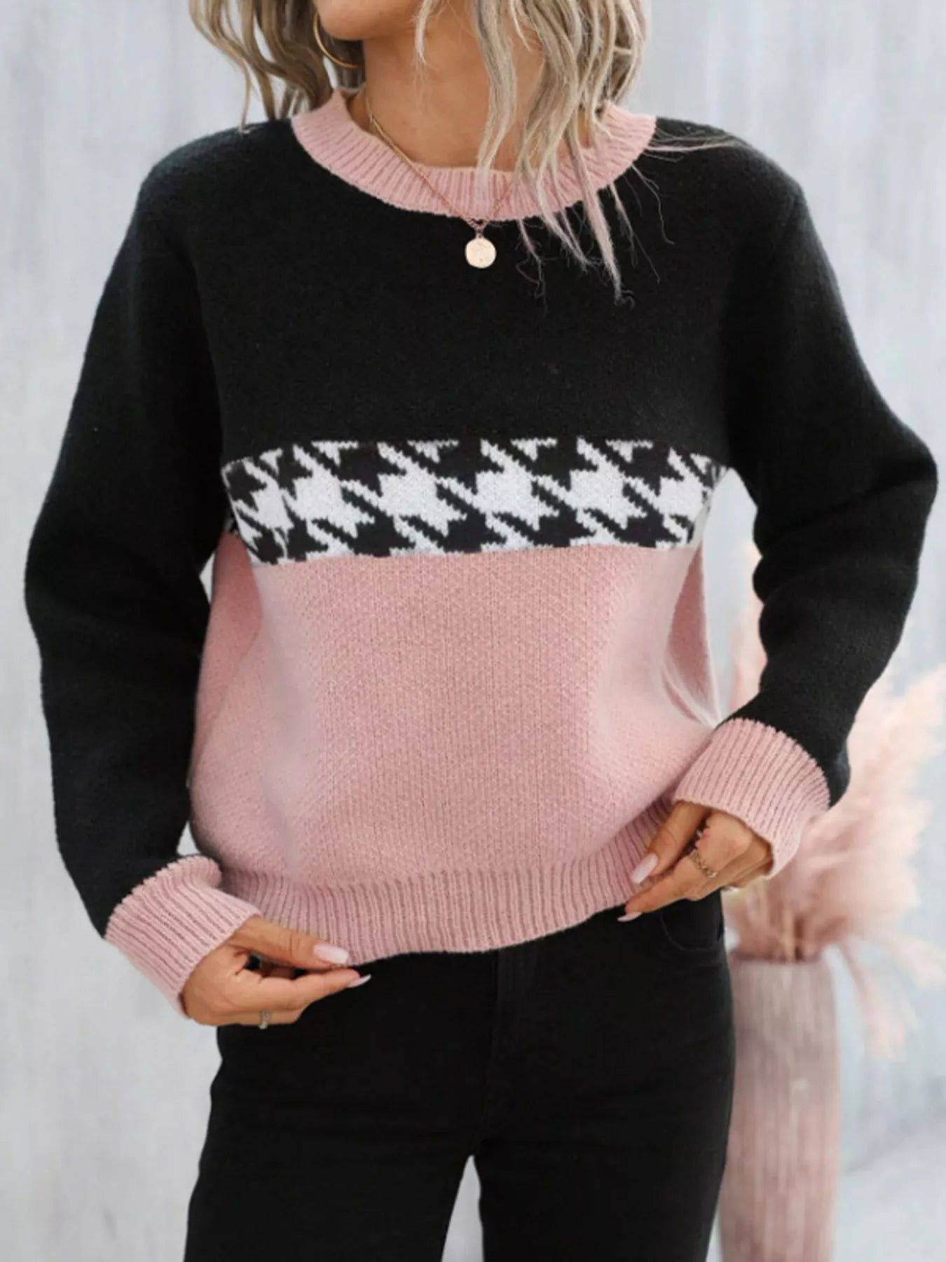 Color Block Houndstooth Knit Sweater designed for comfort and style at Lookzlike