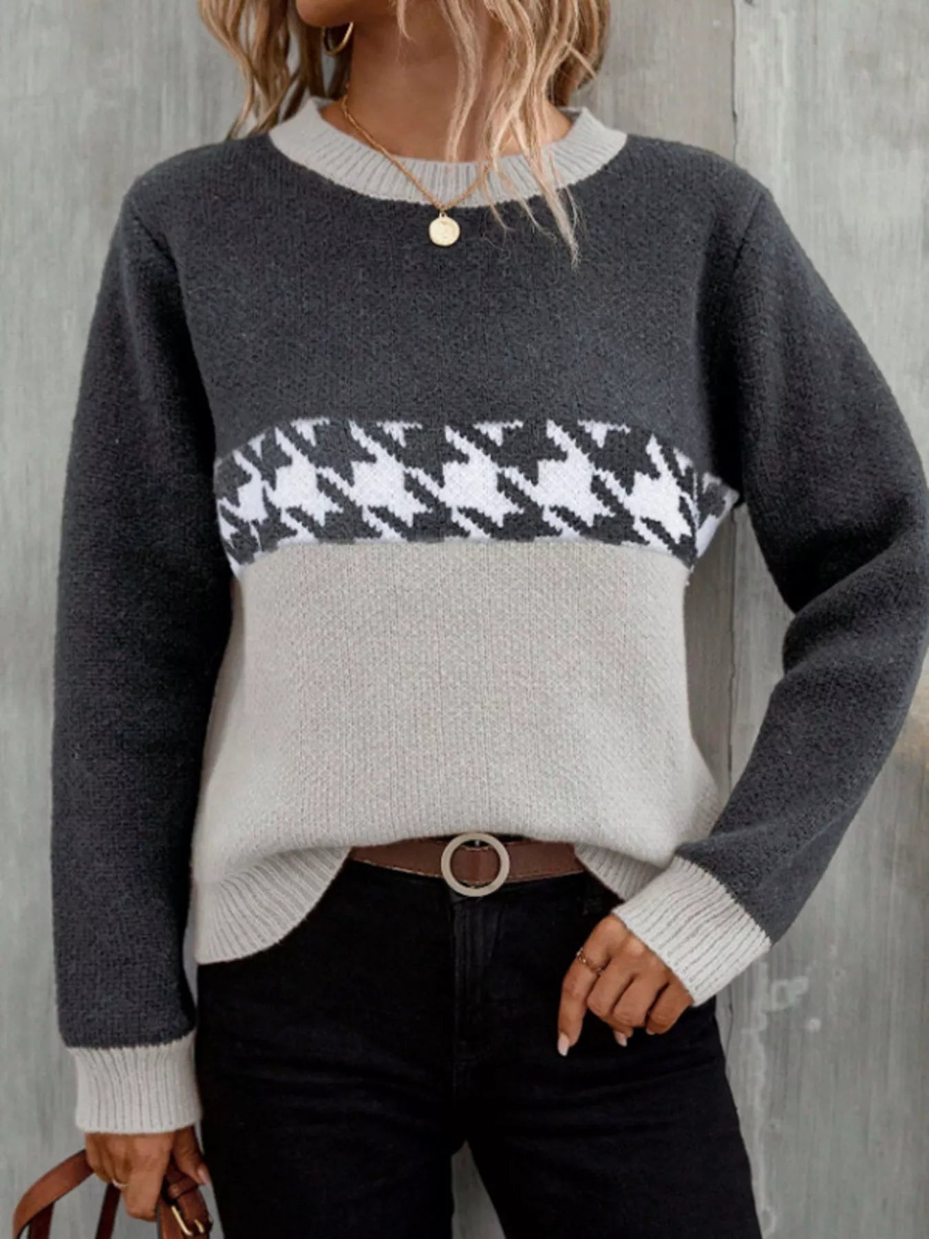 Color Block Houndstooth Knit Sweater designed for comfort and style at Lookzlike