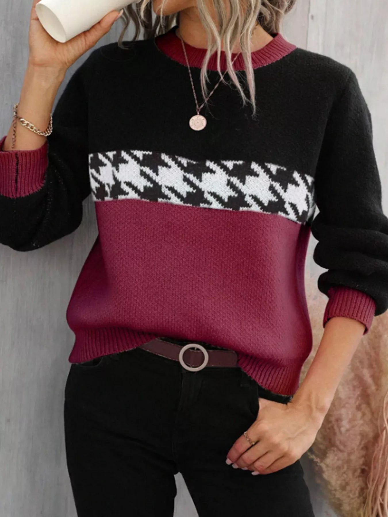 Color Block Houndstooth Knit Sweater designed for comfort and style at Lookzlike