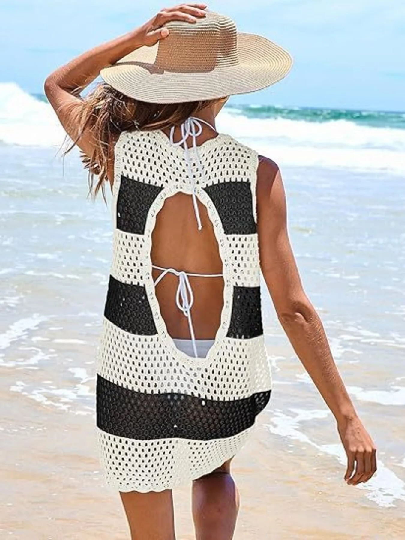 Color Block Openwork Sleeveless Cutout Back Cover-Up - Lookzlike