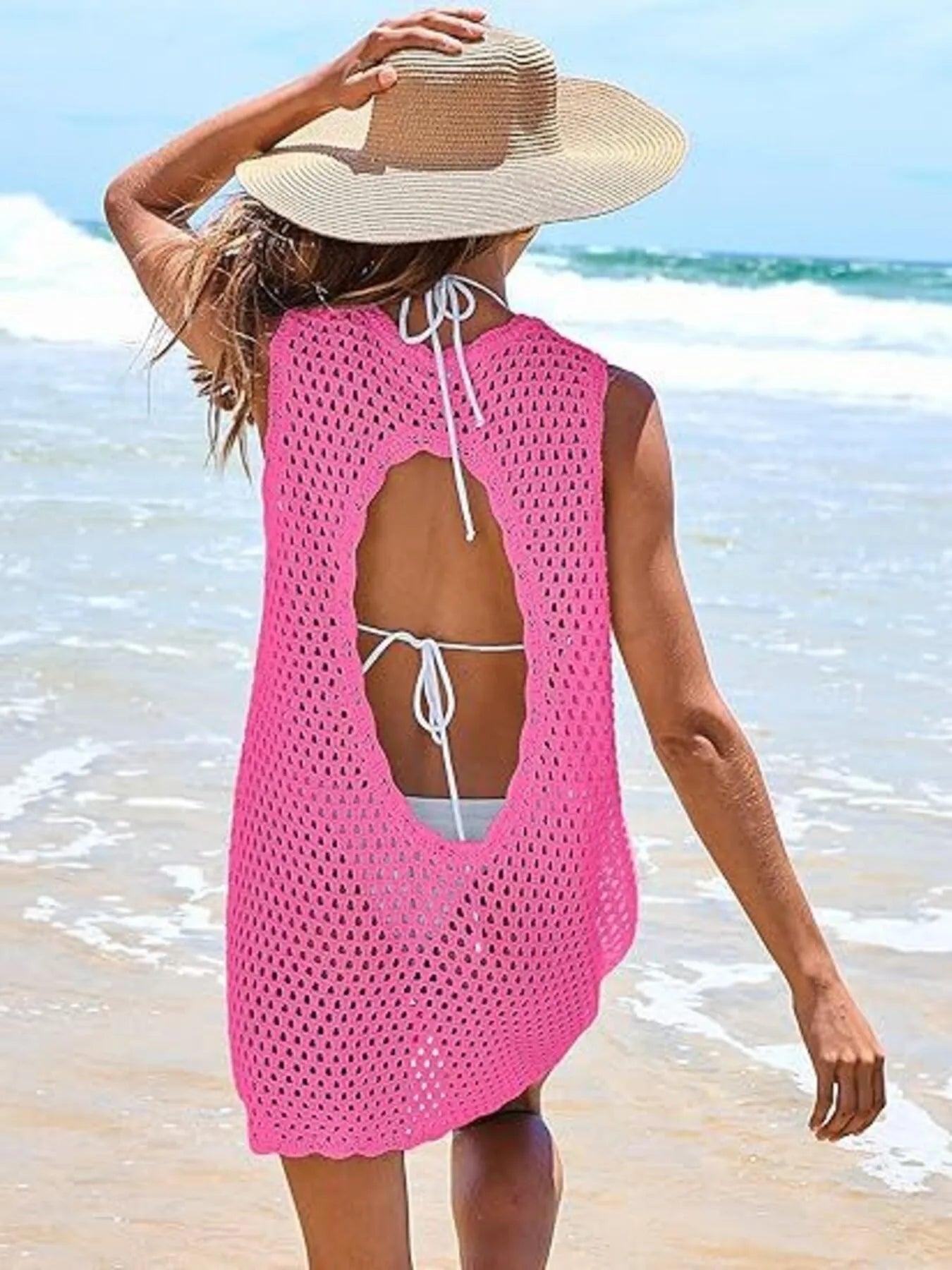 Color Block Openwork Sleeveless Cutout Back Cover-Up - Lookzlike