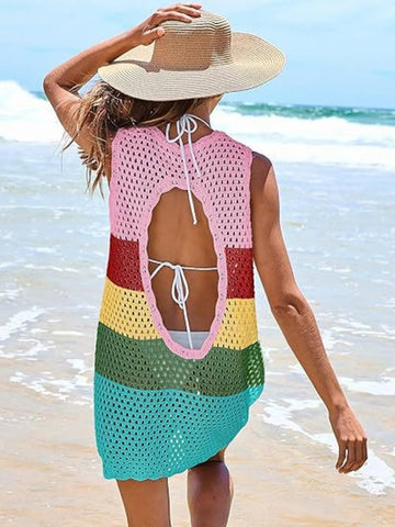Color Block Openwork Sleeveless Cutout Back Cover-Up - Lookzlike