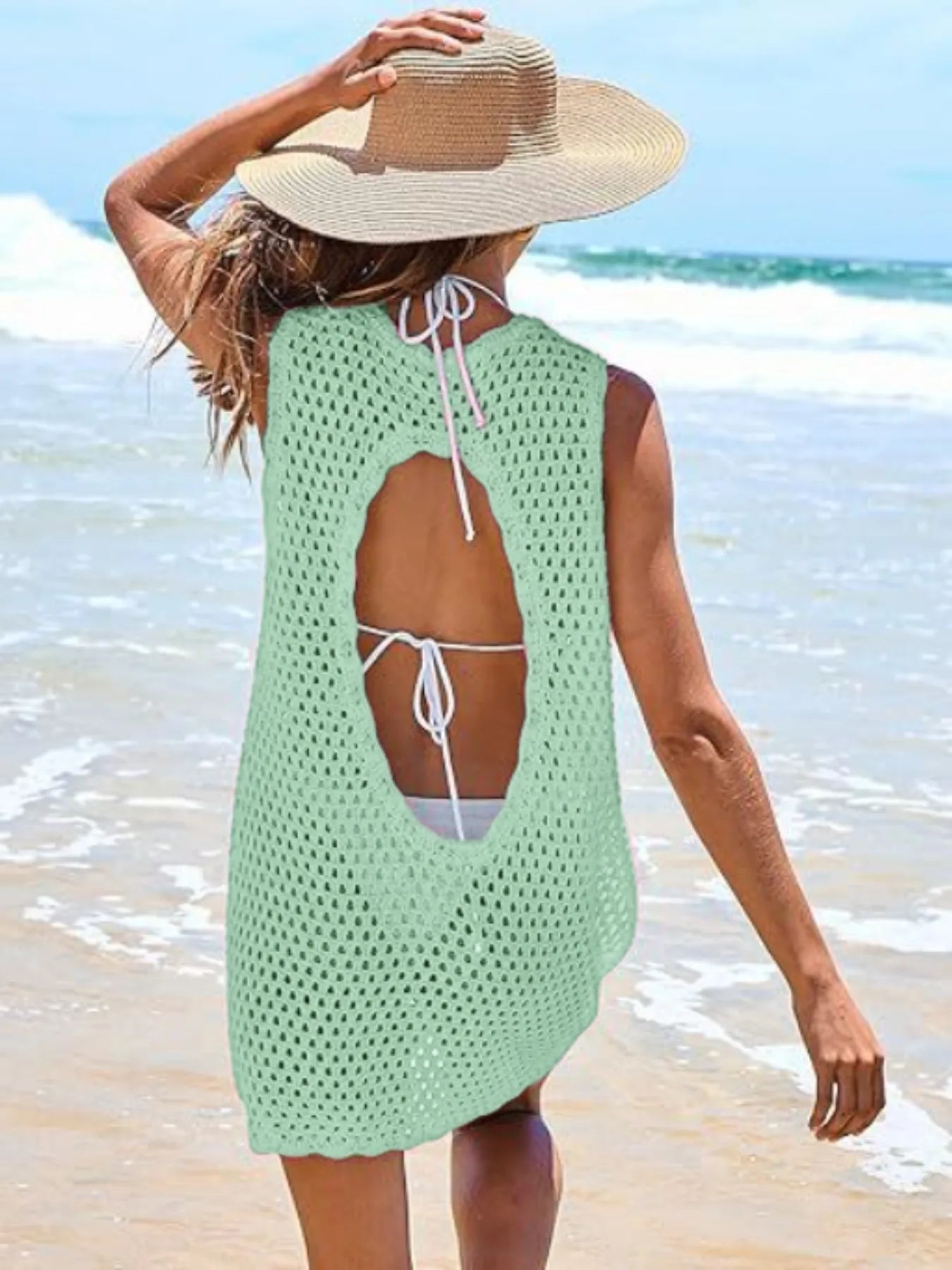 Color Block Openwork Sleeveless Cutout Back Cover-Up - Lookzlike