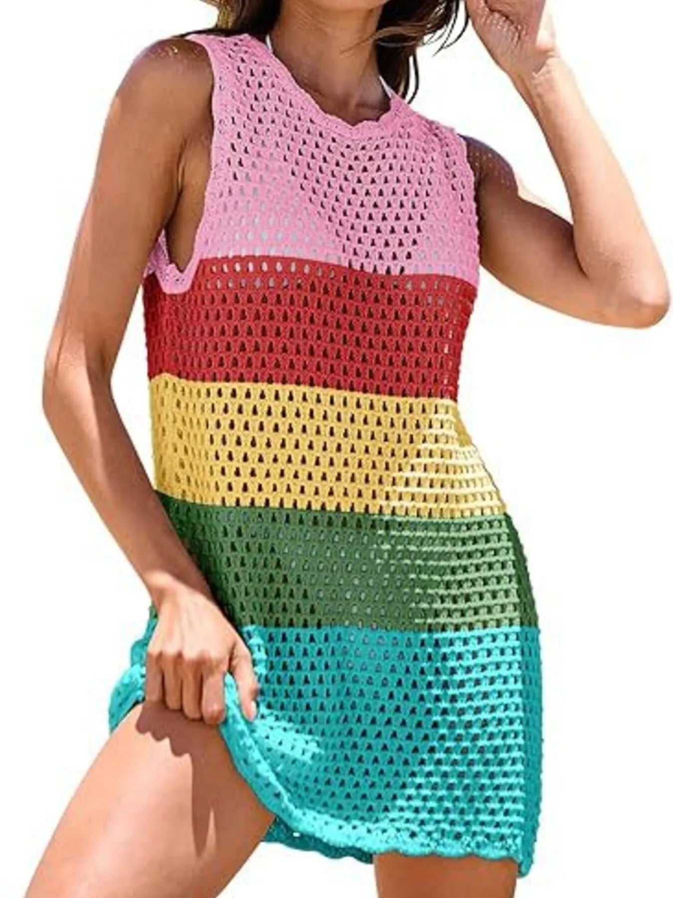 Color Block Openwork Sleeveless Cutout Back Cover-Up - Lookzlike