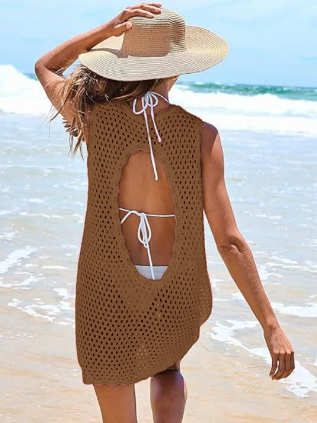 Color Block Openwork Sleeveless Cutout Back Cover-Up - Lookzlike