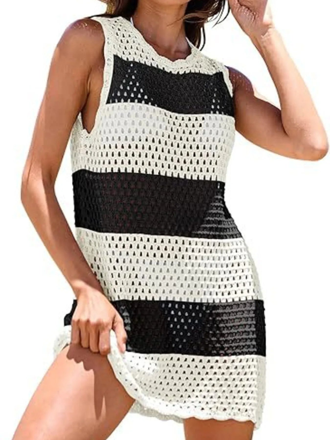 Color Block Openwork Sleeveless Cutout Back Cover-Up - Lookzlike