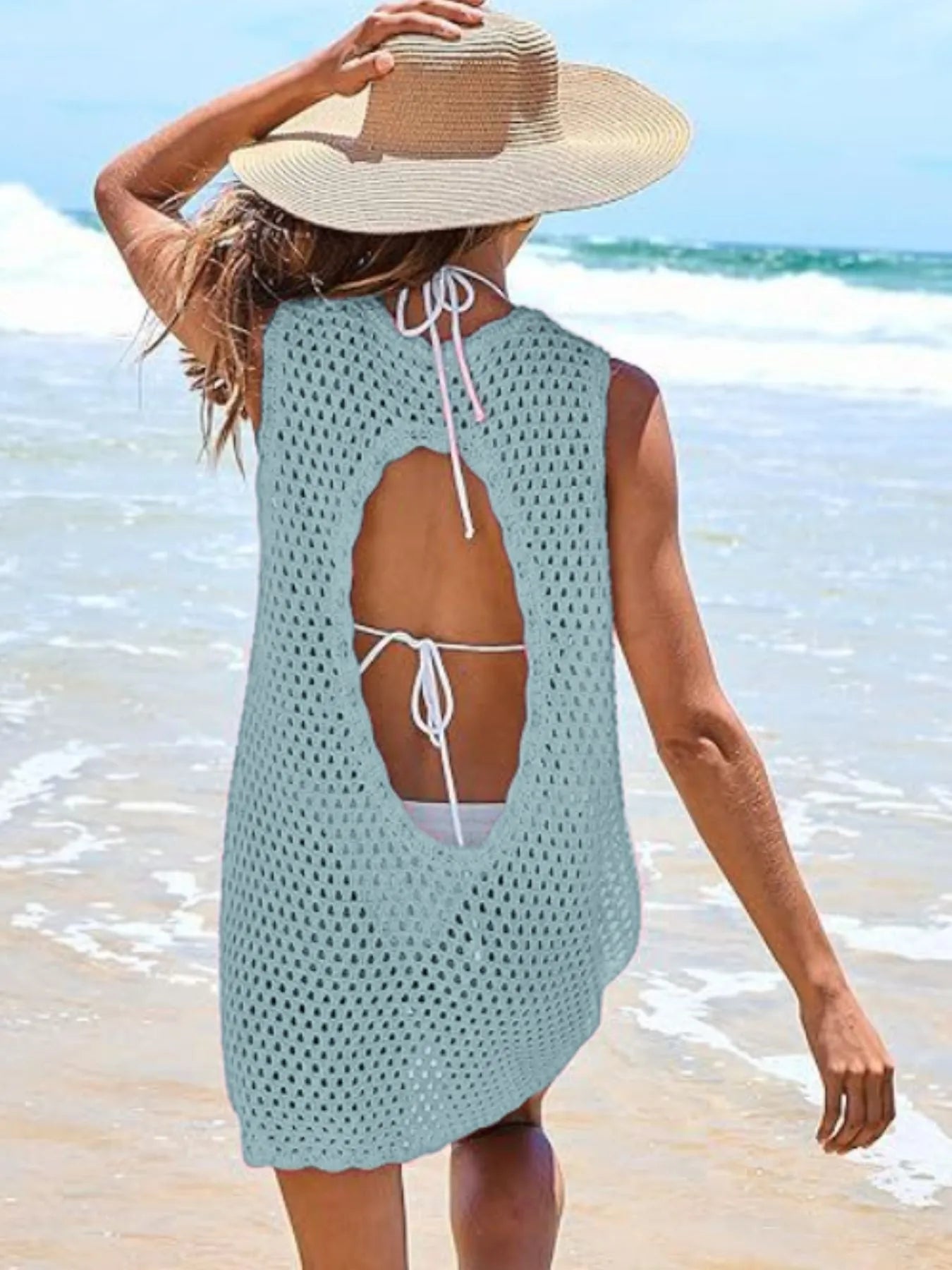 Color Block Openwork Sleeveless Cutout Back Cover-Up - Lookzlike