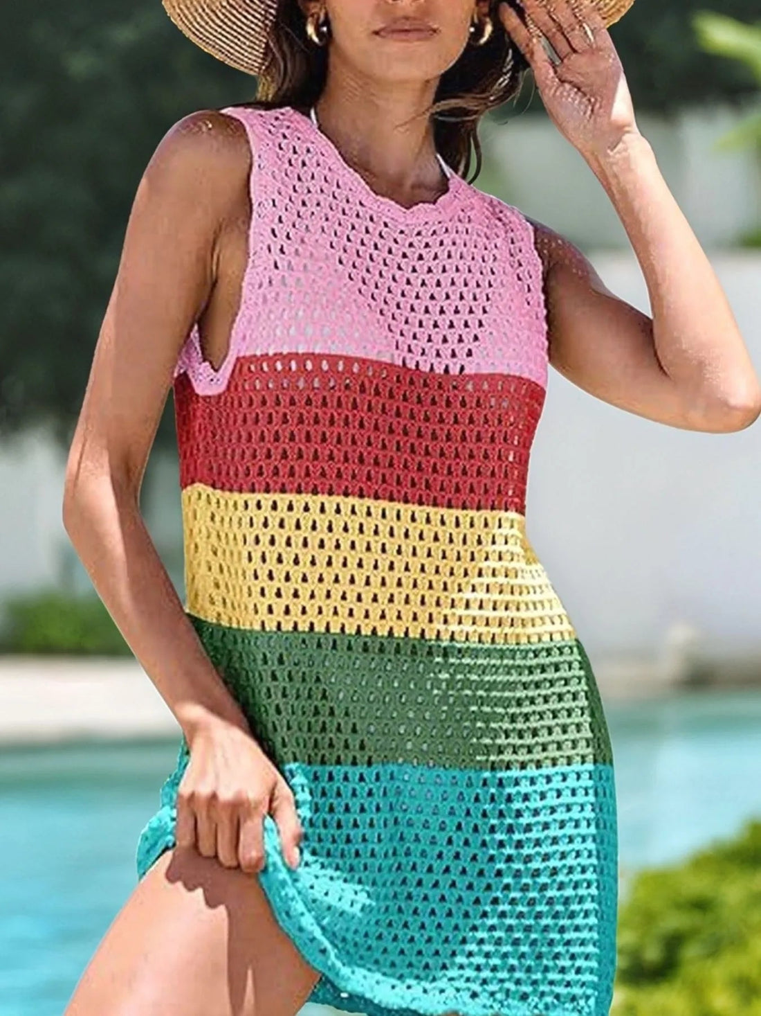 Color Block Openwork Sleeveless Cutout Back Cover-Up - Lookzlike