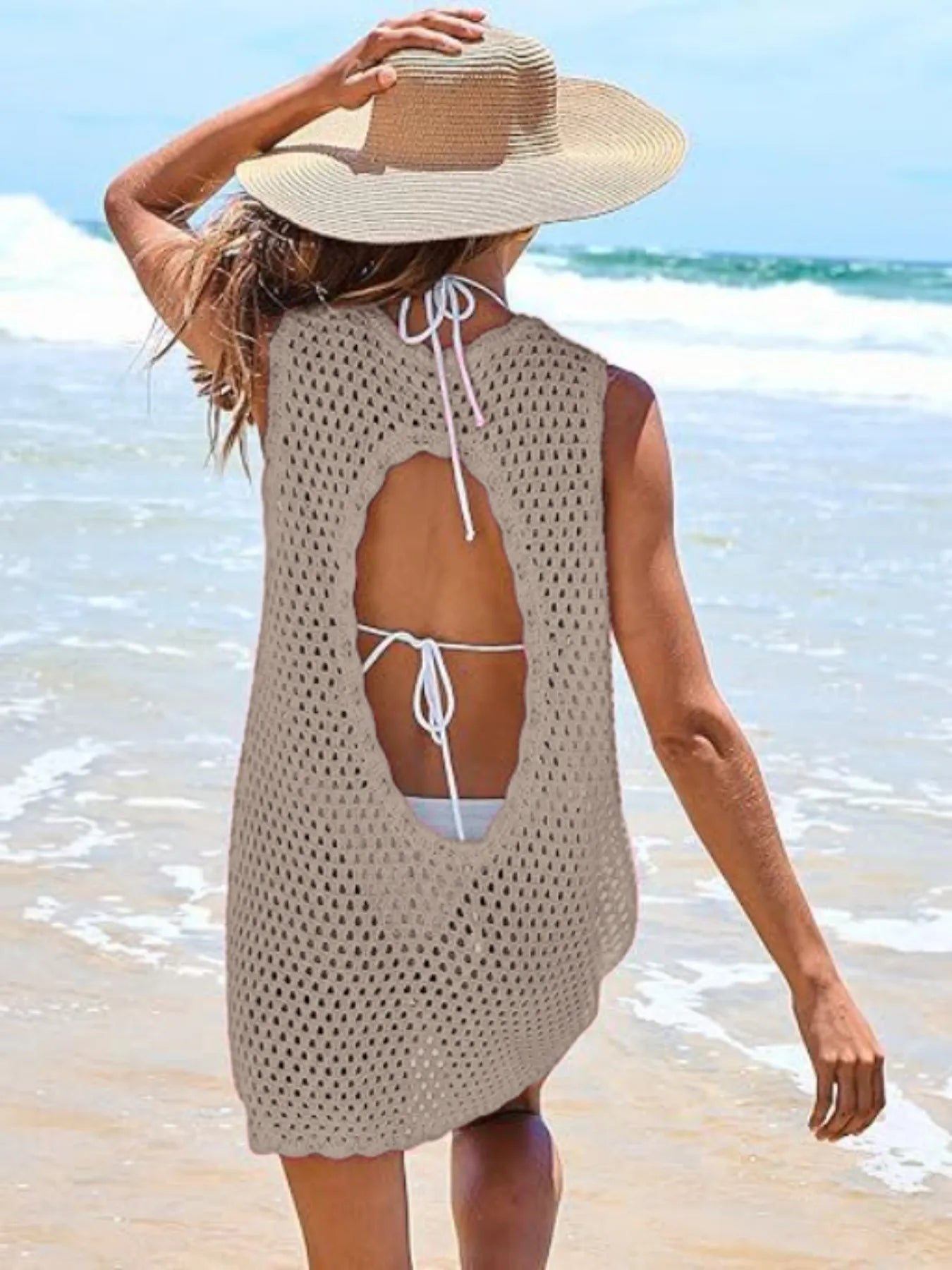 Color Block Openwork Sleeveless Cutout Back Cover-Up - Lookzlike