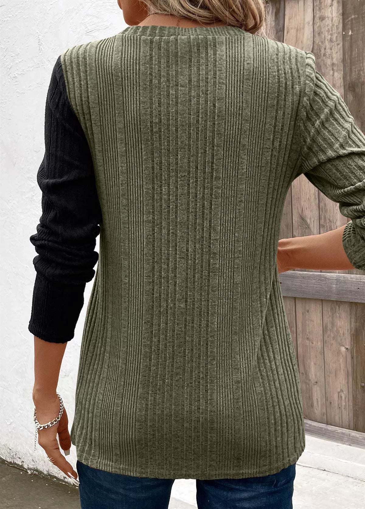Color Block Ribbed Knit Decor Button T-Shirt designed for comfort and style at Lookzlike