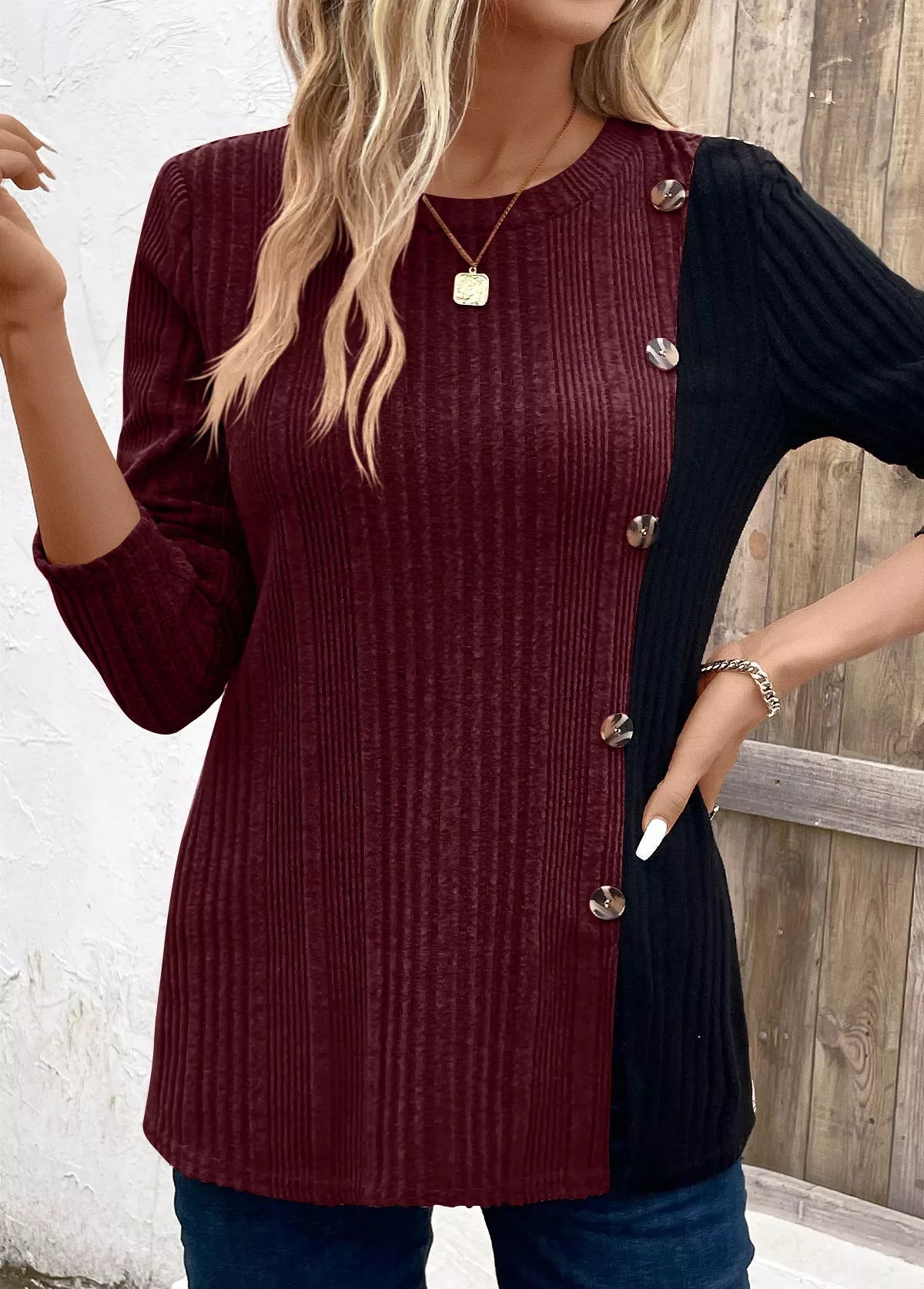 Color Block Ribbed Knit Decor Button T-Shirt designed for comfort and style at Lookzlike