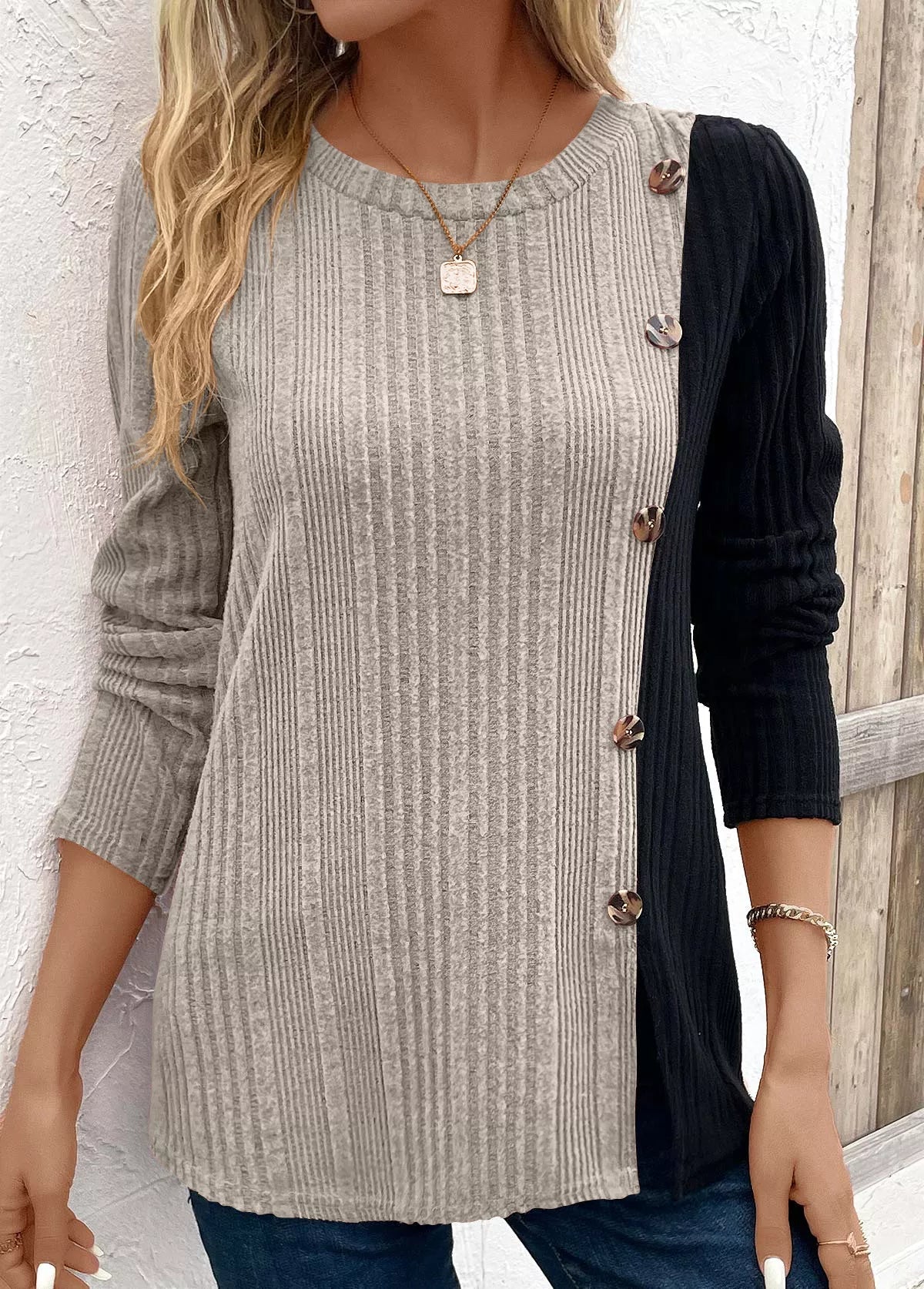 Color Block Ribbed Knit Decor Button T-Shirt designed for comfort and style at Lookzlike
