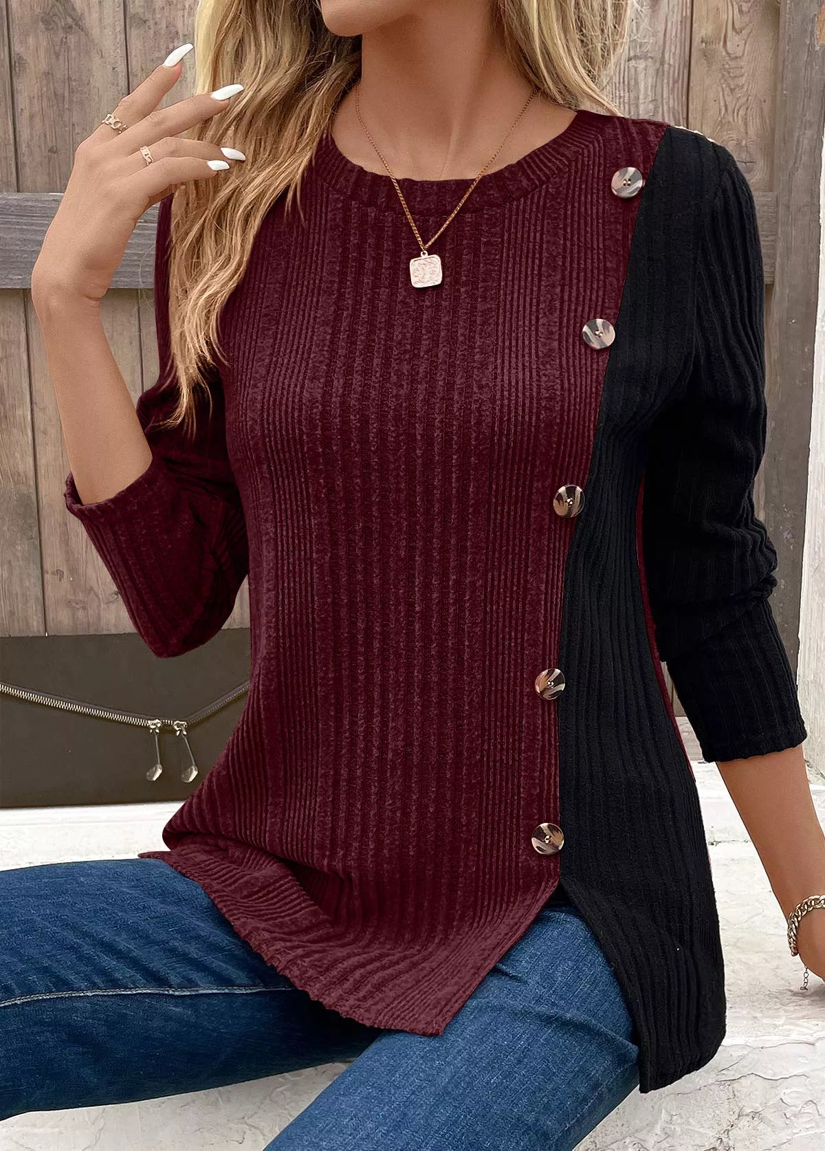 Color Block Ribbed Knit Decor Button T-Shirt designed for comfort and style at Lookzlike