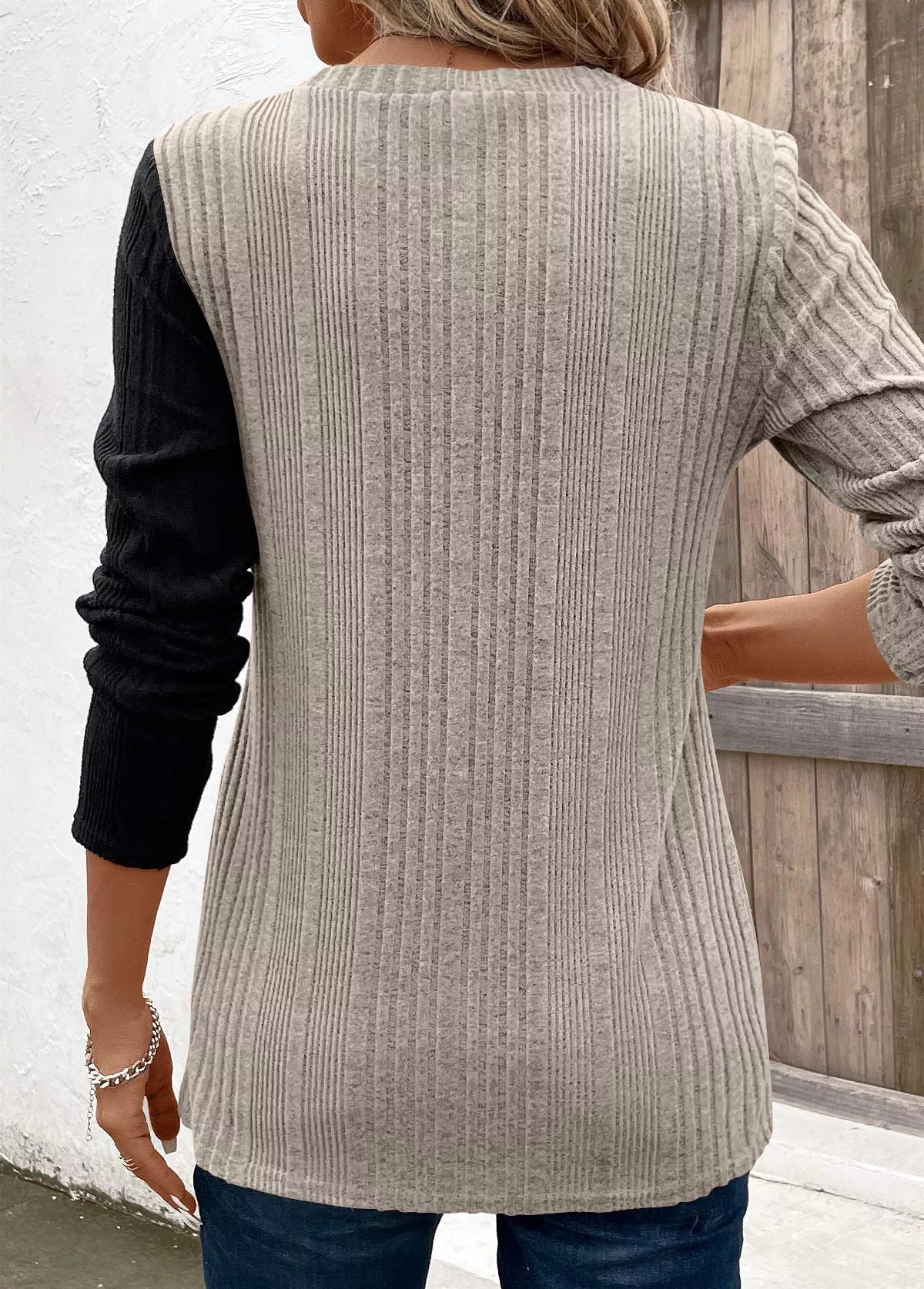 Color Block Ribbed Knit Decor Button T-Shirt designed for comfort and style at Lookzlike