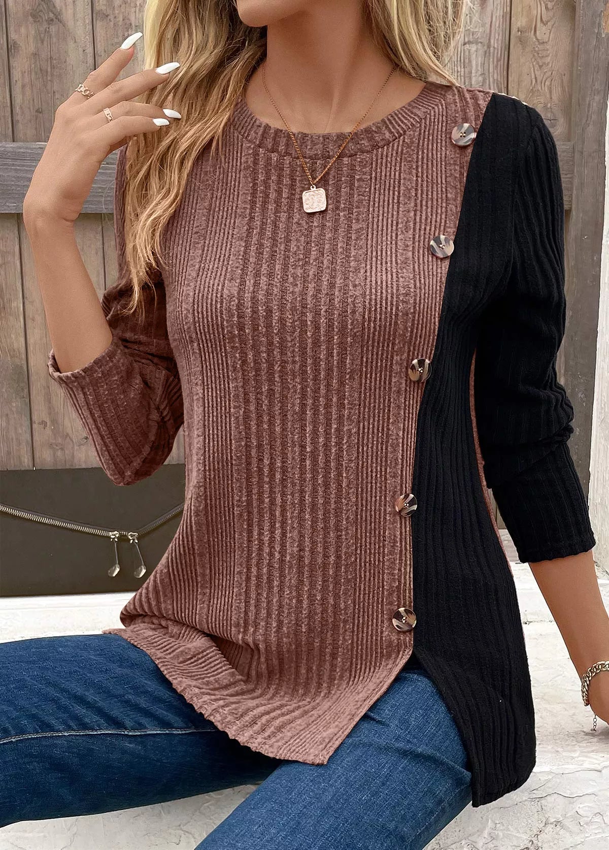 Color Block Ribbed Knit Decor Button T-Shirt designed for comfort and style at Lookzlike