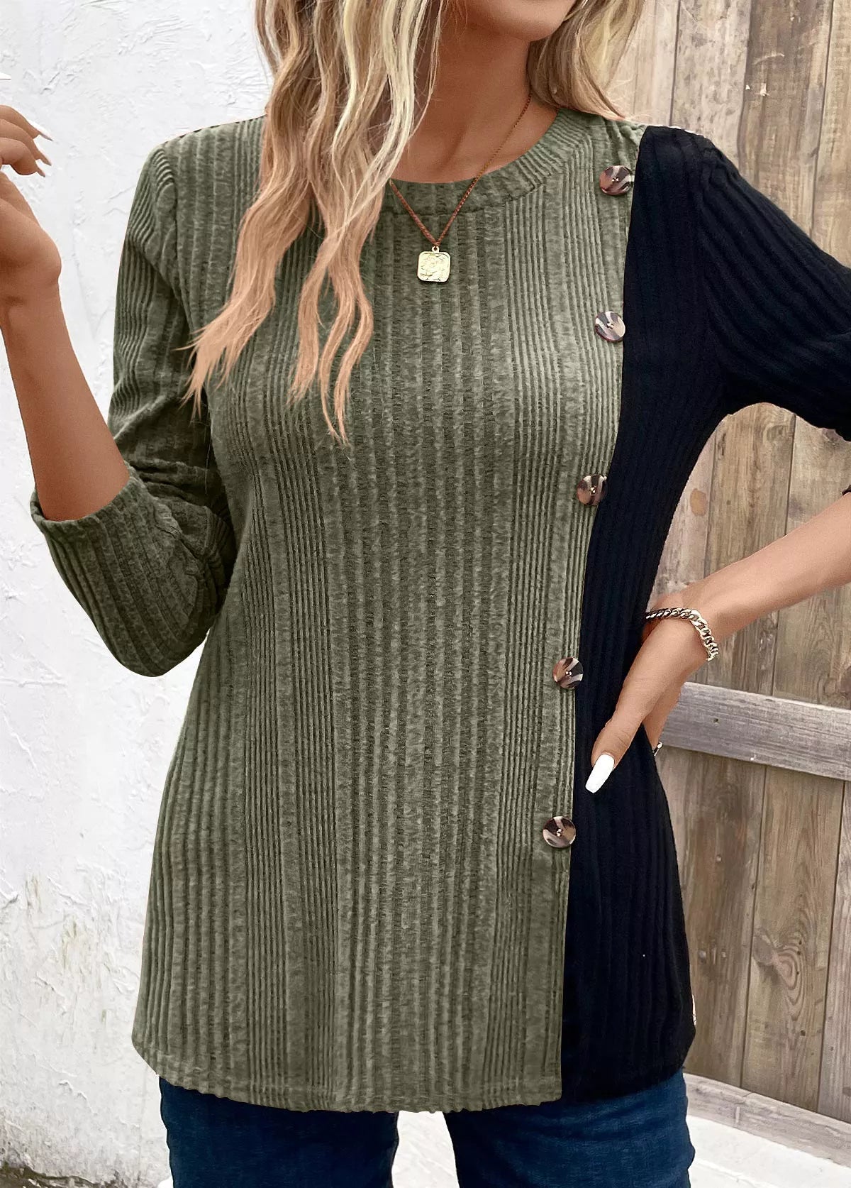 Color Block Ribbed Knit Decor Button T-Shirt designed for comfort and style at Lookzlike