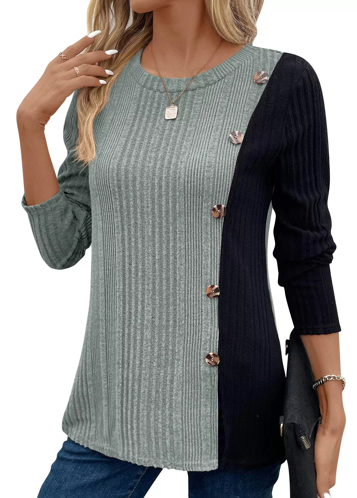 Color Block Ribbed Knit Decor Button T-Shirt designed for comfort and style at Lookzlike