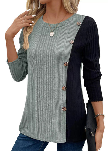 Color Block Ribbed Knit Decor Button T-Shirt designed for comfort and style at Lookzlike